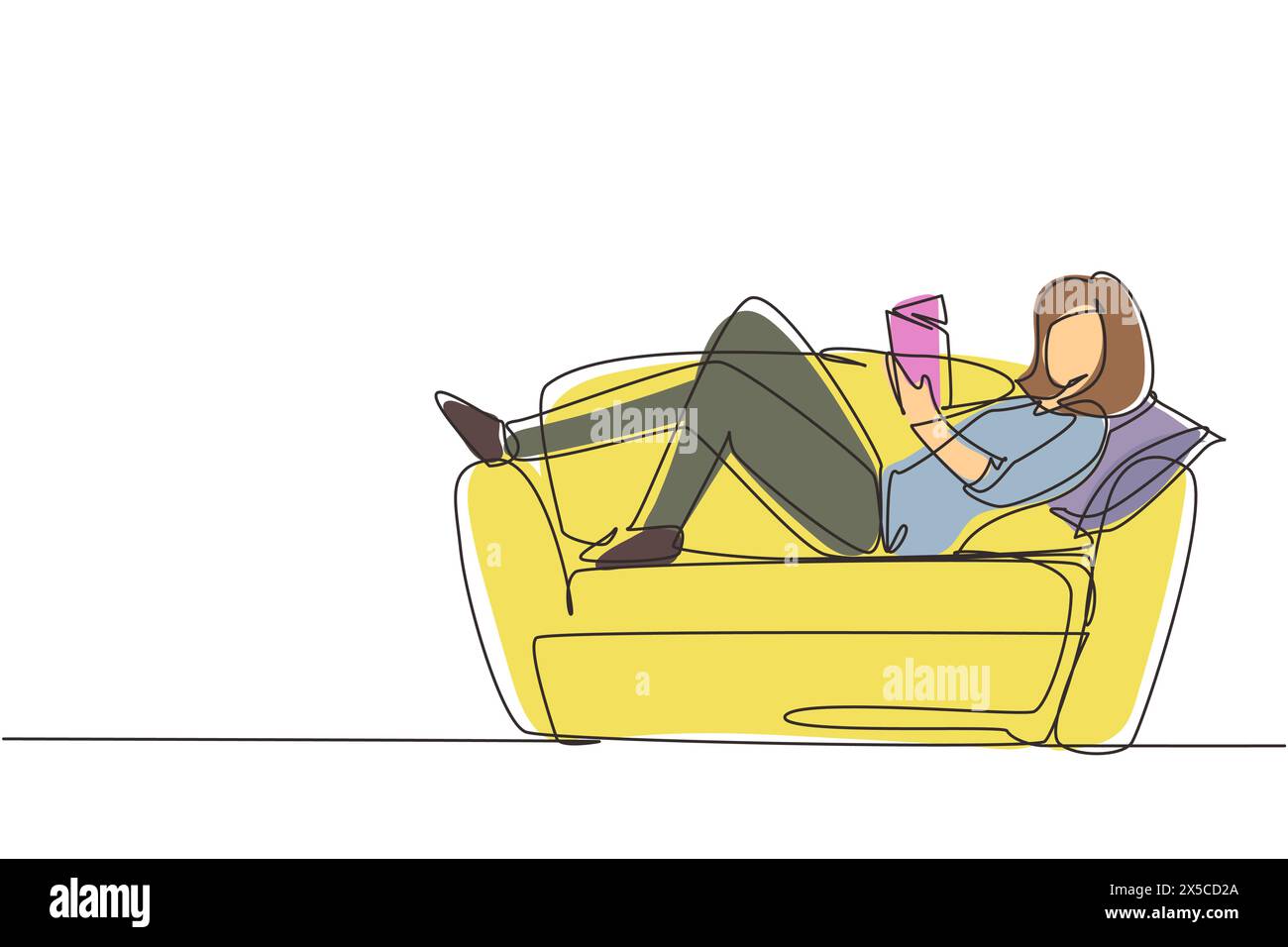 Single one line drawing young woman laying on sofa and reading book at home. Female reading book. Self education, distance studying, relaxing concept. Stock Vector