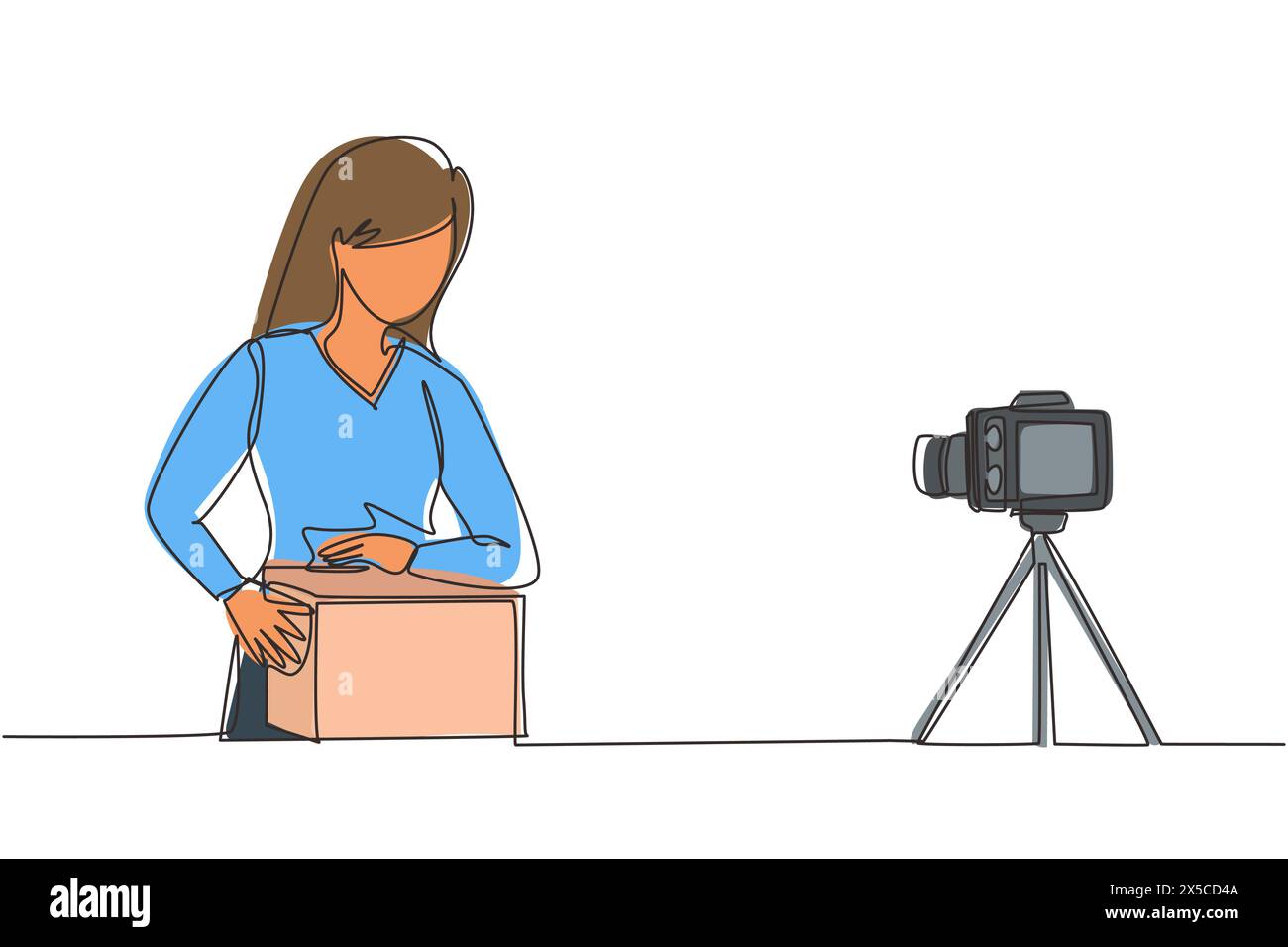 Continuous one line drawing beauty female show unboxing received package in live at home. Woman vlogger unboxing product and recording review on camer Stock Vector