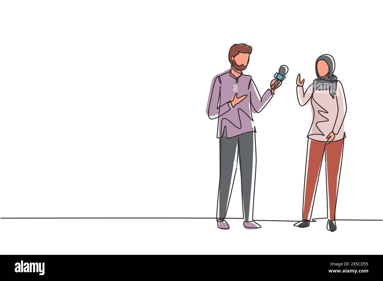 Continuous one line drawing Arabian male tv reporter interviewing questions. Man holding an interview with woman, professional journalist in conversat Stock Vector