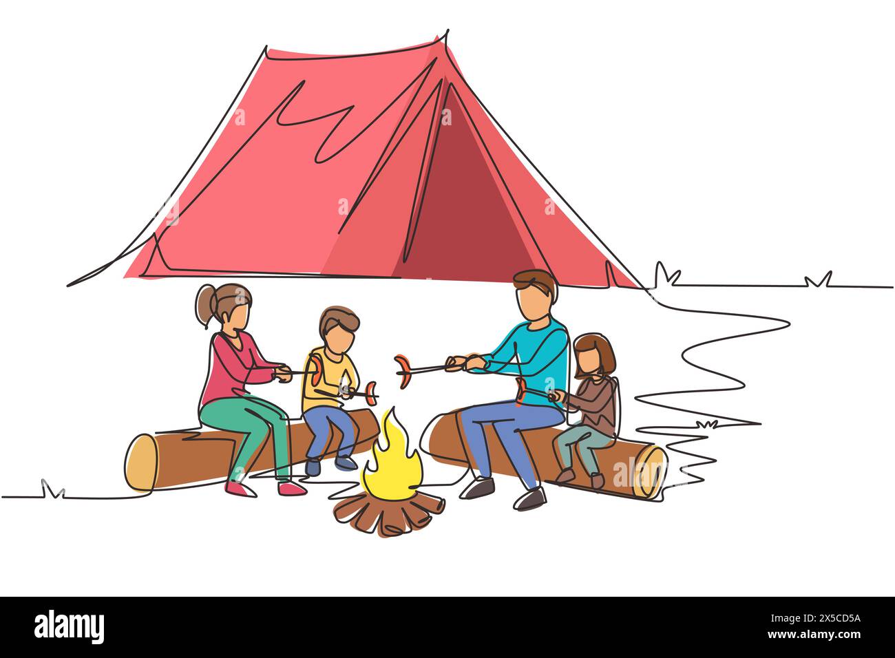 Continuous one line drawing happy family sit by campfire. Cheerful tourists, campers. Mom dad and kids roast sausage. Night camping adventure trip. Si Stock Vector