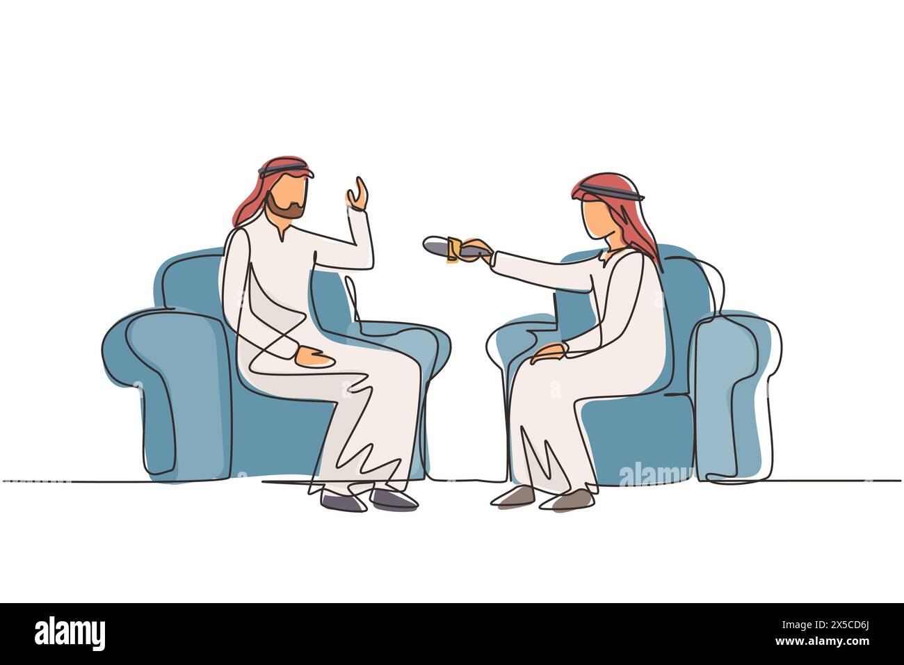 Single continuous line drawing interview with famous person. Television, internet broadcast where Arab journalist talks to celebrity. Journalist, inte Stock Vector