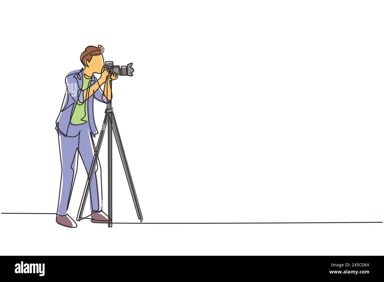 Single continuous line drawing professional photographer with camera pose, male take photo shots