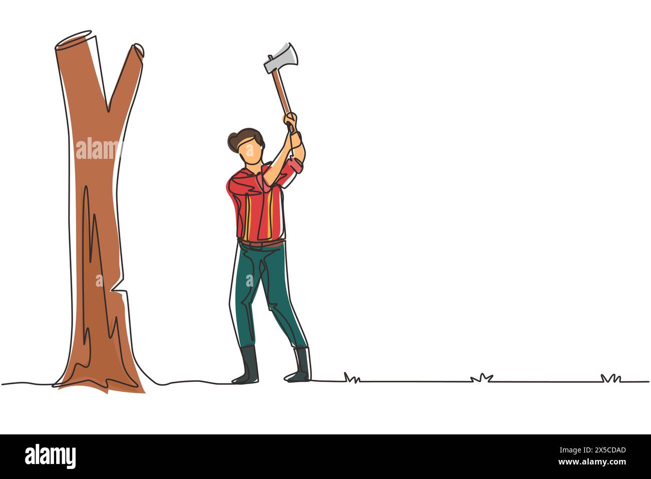 Single continuous line drawing lumberjack with an ax chopping wood. Woodcutter chopping tree with axe. Wearing shirt, jeans and boots. Man with ax in Stock Vector