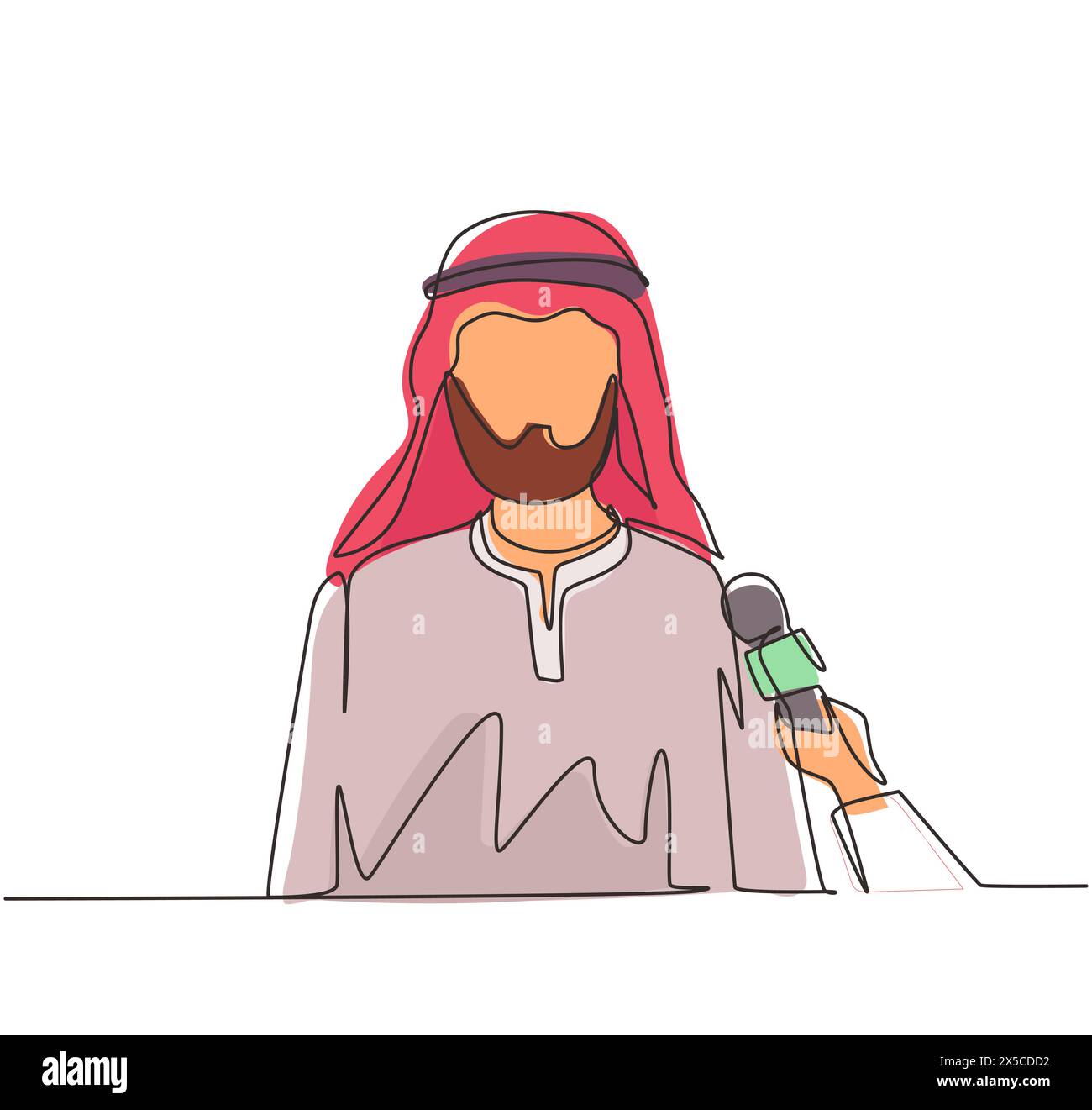 Single continuous line drawing Arab businessman giving interview in presence of journalists with microphones. Man gives comments, opinions for breakin Stock Vector
