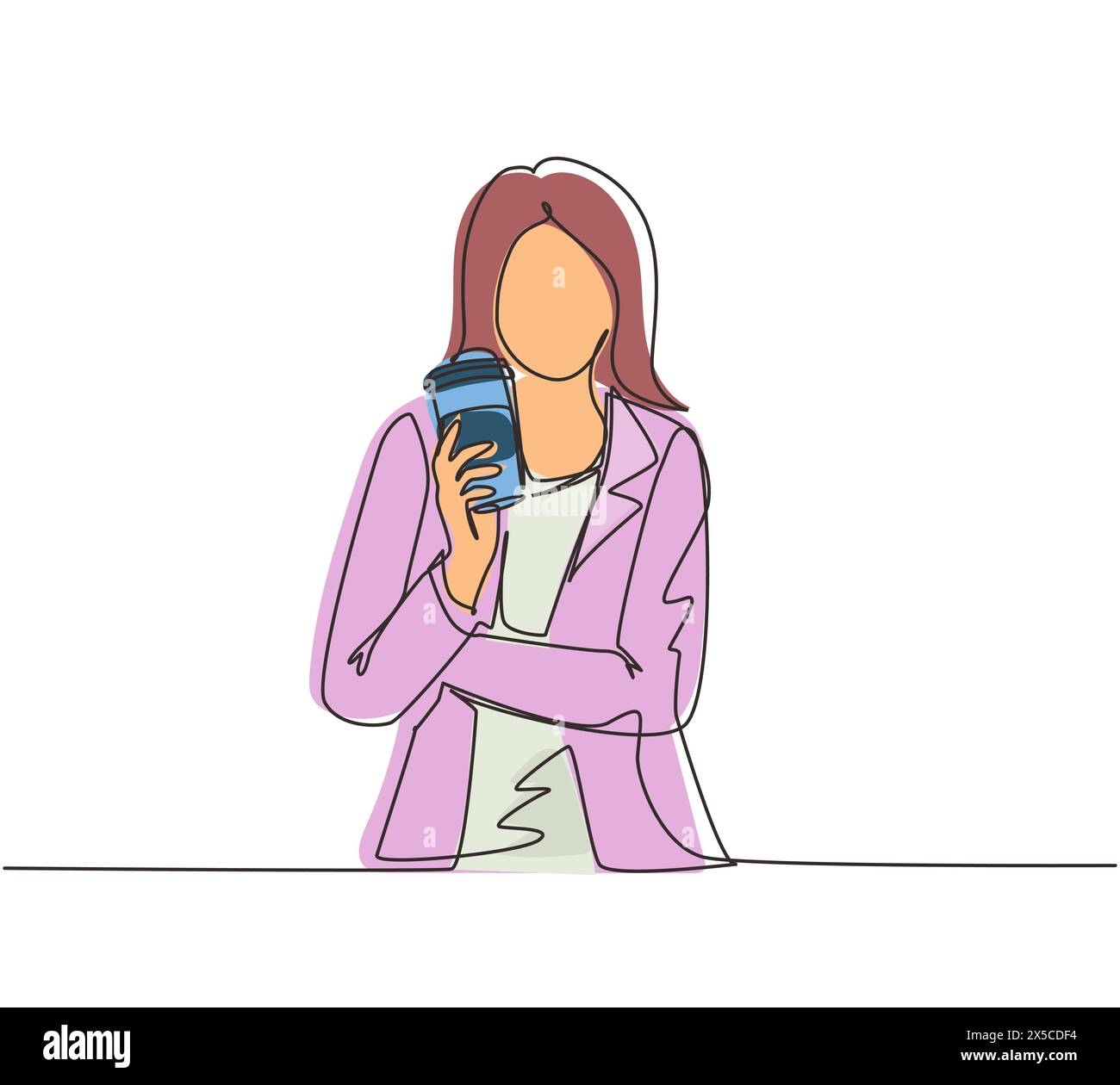 Continuous one line drawing beautiful young woman holding paper cup of hot coffee on street city. Enjoys leisure time, dressed in stylish clothes. Sin Stock Vector