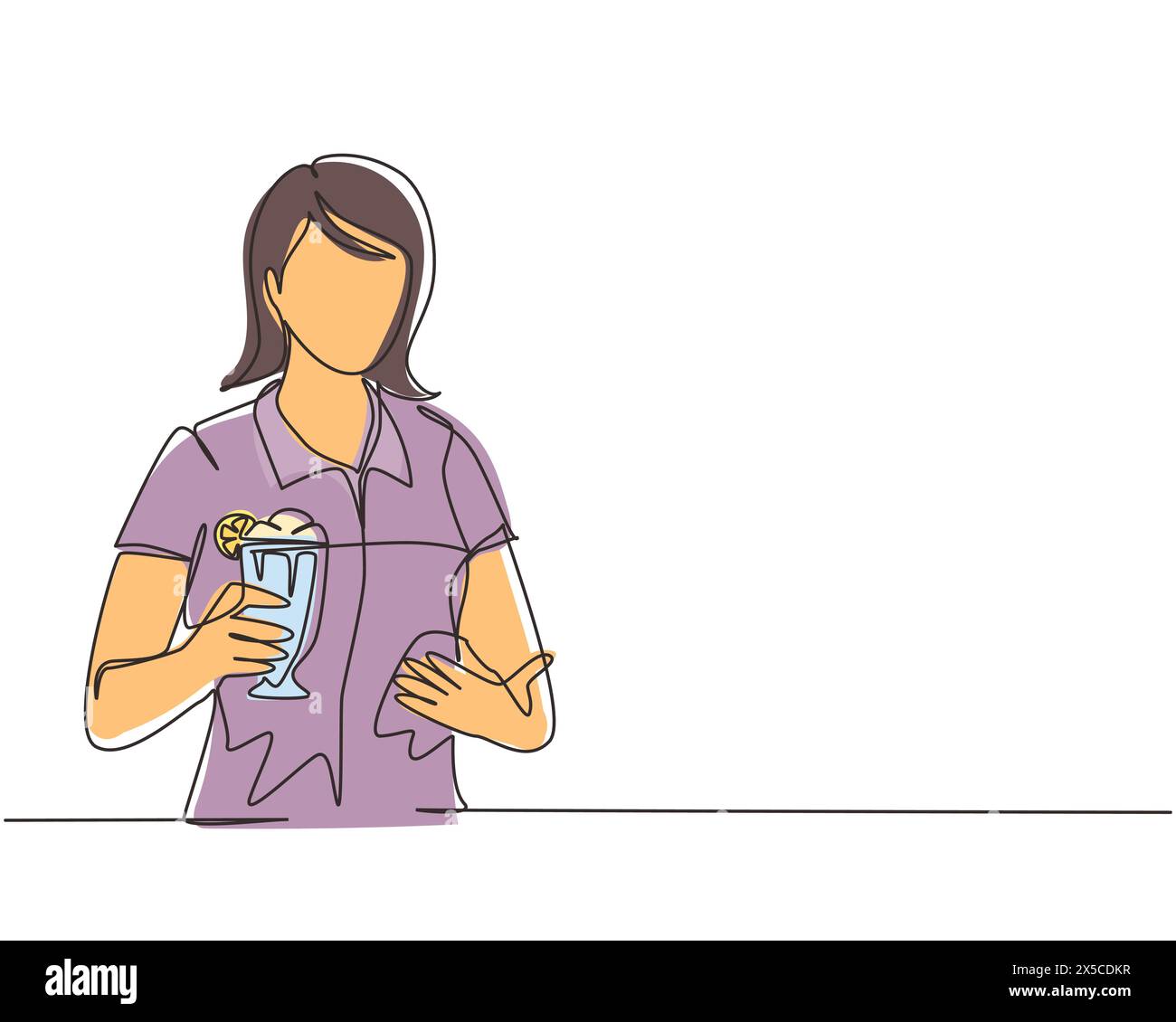 Single continuous line drawing young girl holding and showing glass of milkshake in office. Attractive lady having break at work and drink milkshake w Stock Vector