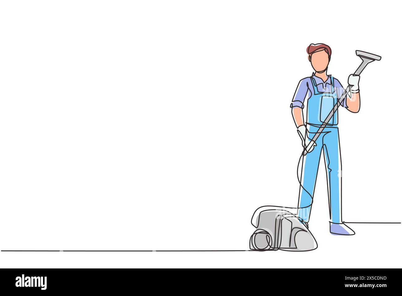 Single continuous line drawing young man works at home, do cleaning in jumpsuit. Home vacuum cleaner. Household home appliances. Disinfection and clea Stock Vector