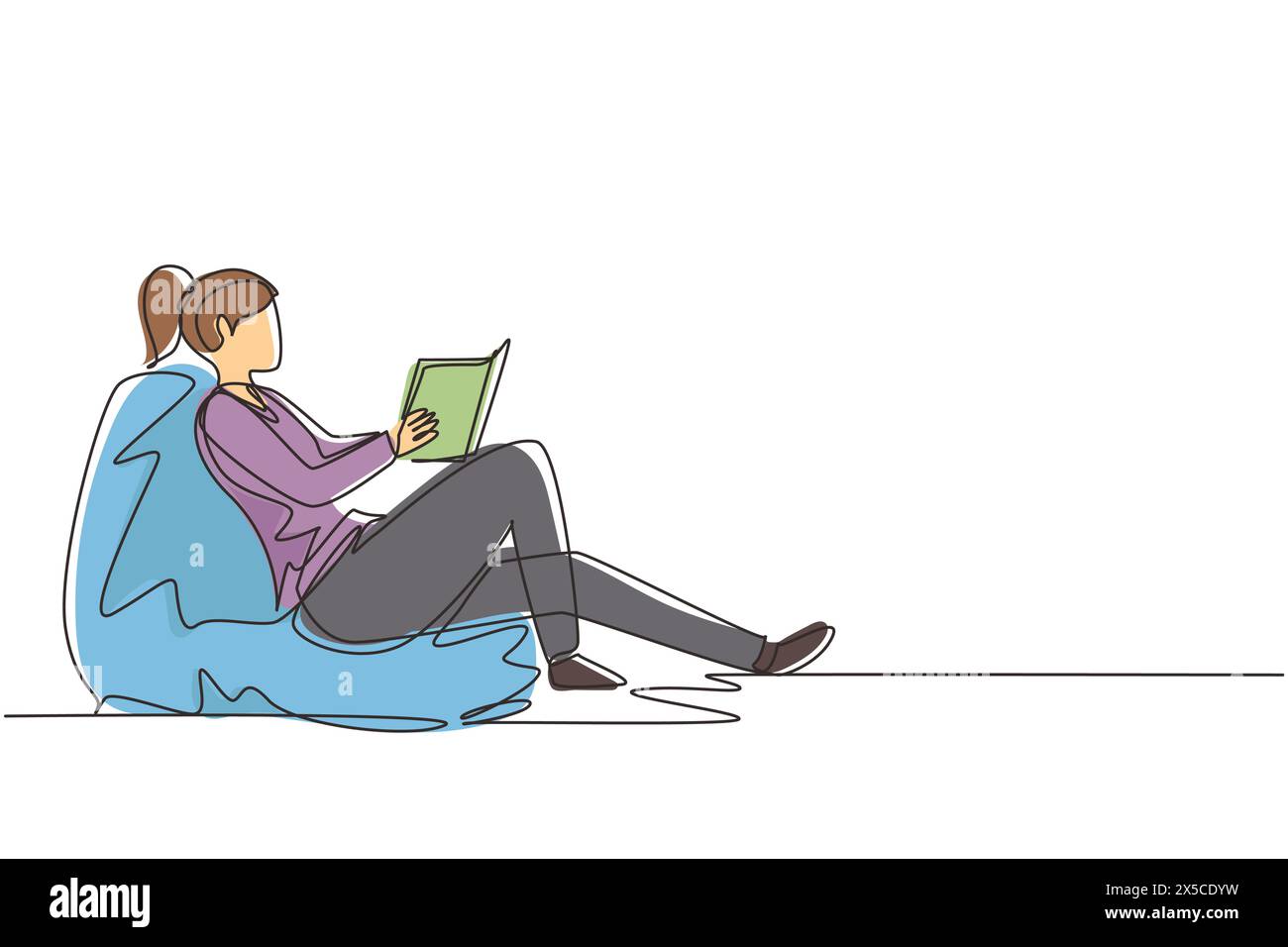 Continuous one line drawing girl on sofa in room reading book and having rest. Young woman reads book on couch at cozy home. Girl sitting on sofa, rea Stock Vector