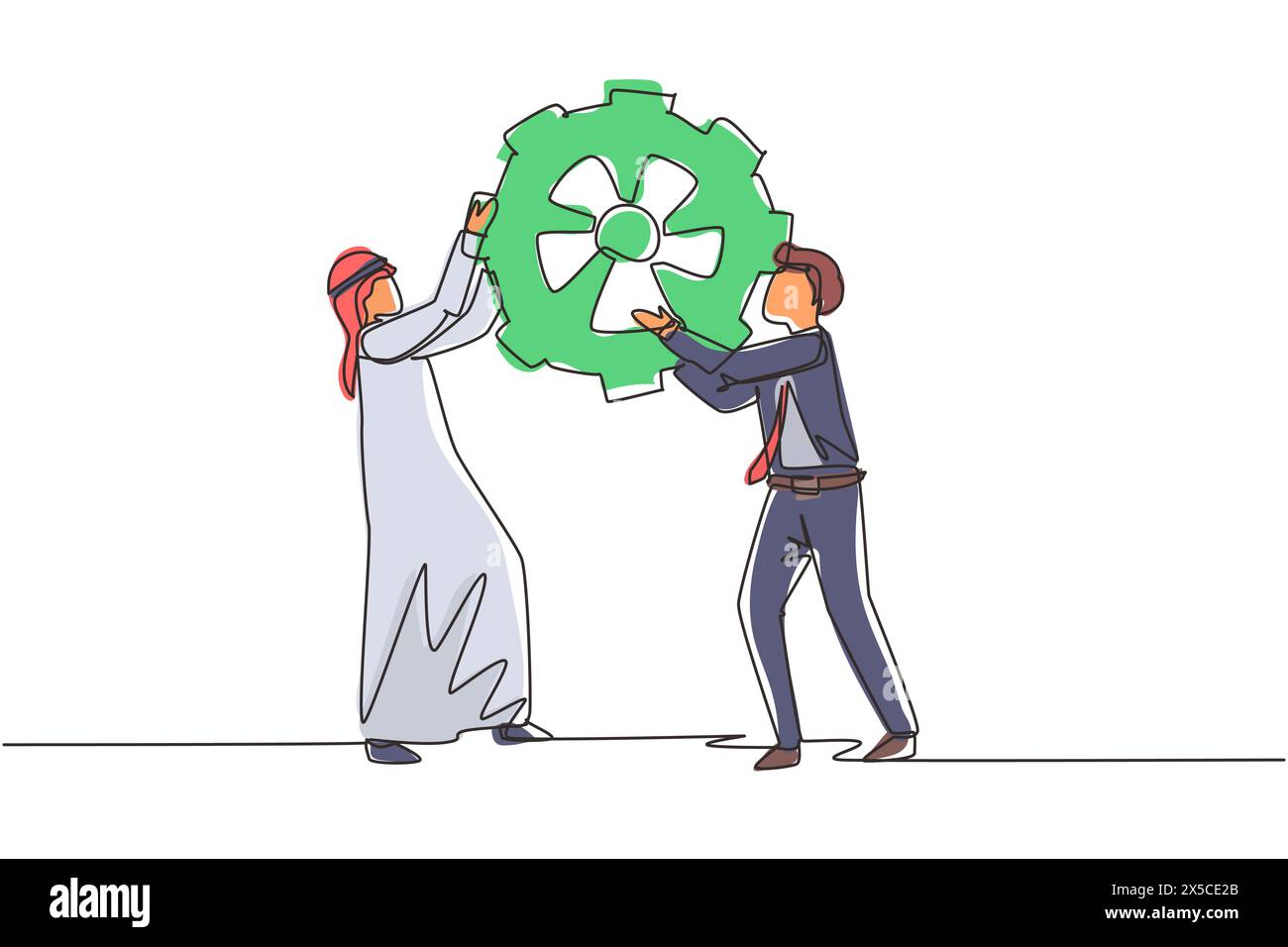 Continuous one line drawing two Arabian business men hold cogwheel work together ponder think strategy concept. Businessmen lifting gear. Collaboratio Stock Vector