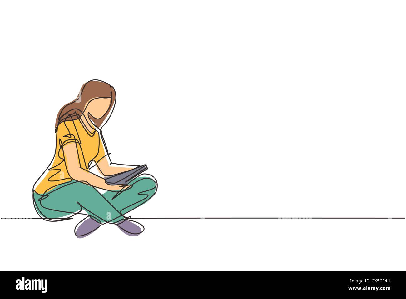 Single continuous line drawing cute lady sitting on floor, reading book ...