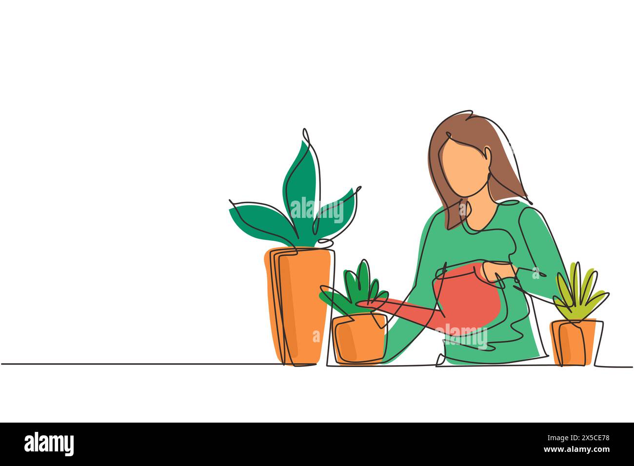 Single one line drawing woman watering houseplants at home. Home garden and house plants concept. Girl taking care of houseplants growing in planters. Stock Vector