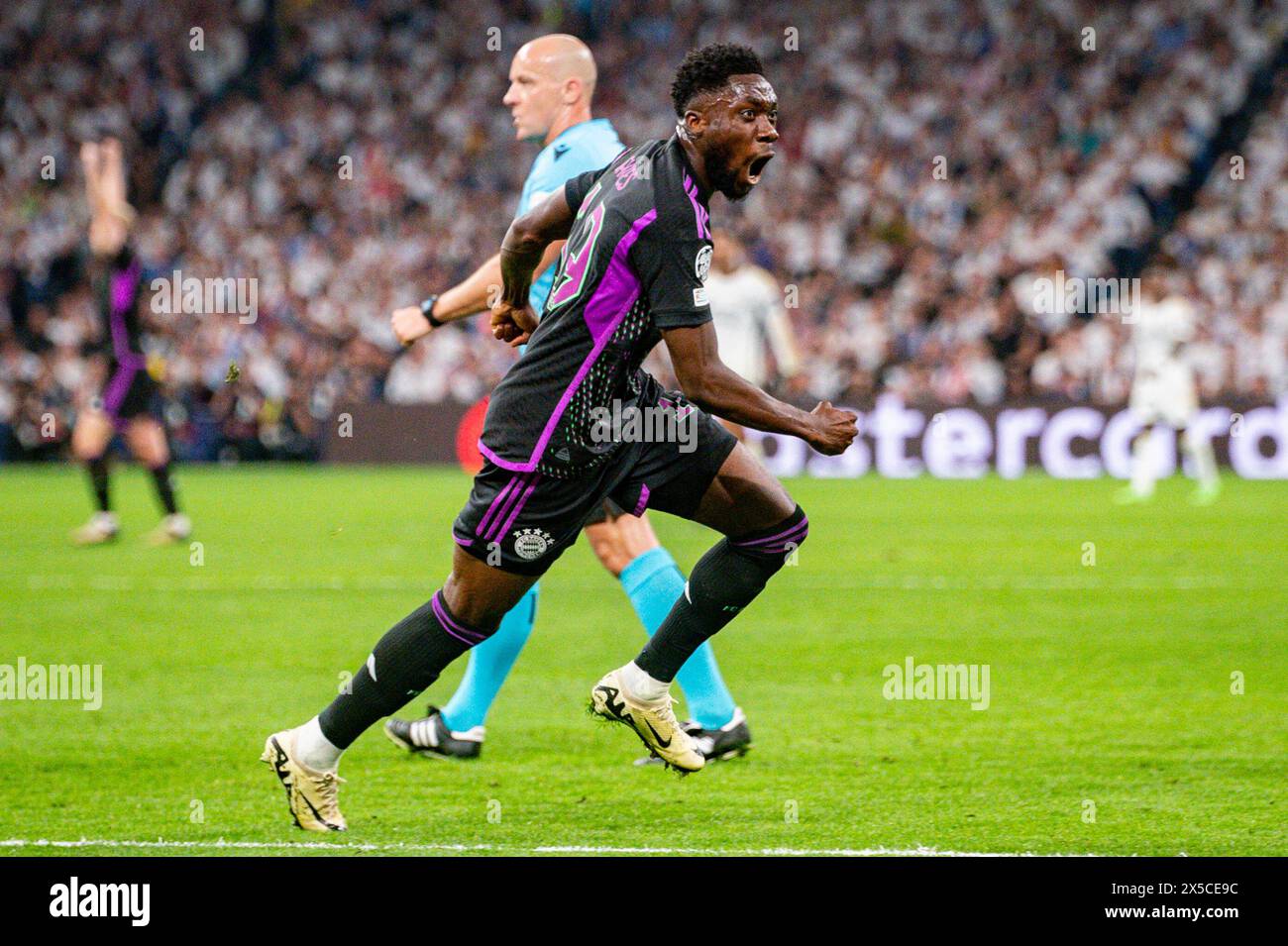 Madrid, Madrid, Spain. 8th May, 2024. MADRID, SPAIN - MAY 8: Alphonso Davies of FC Bayern Munchen seen celebrating his goal during the UEFA Champions League semi-final second leg match between Real Madrid and FC Bayern Munchen at Estadio Santiago Bernabeu on May 8, 2024 in Madrid, Spain. (Credit Image: © Alberto Gardin/ZUMA Press Wire) EDITORIAL USAGE ONLY! Not for Commercial USAGE! Stock Photo