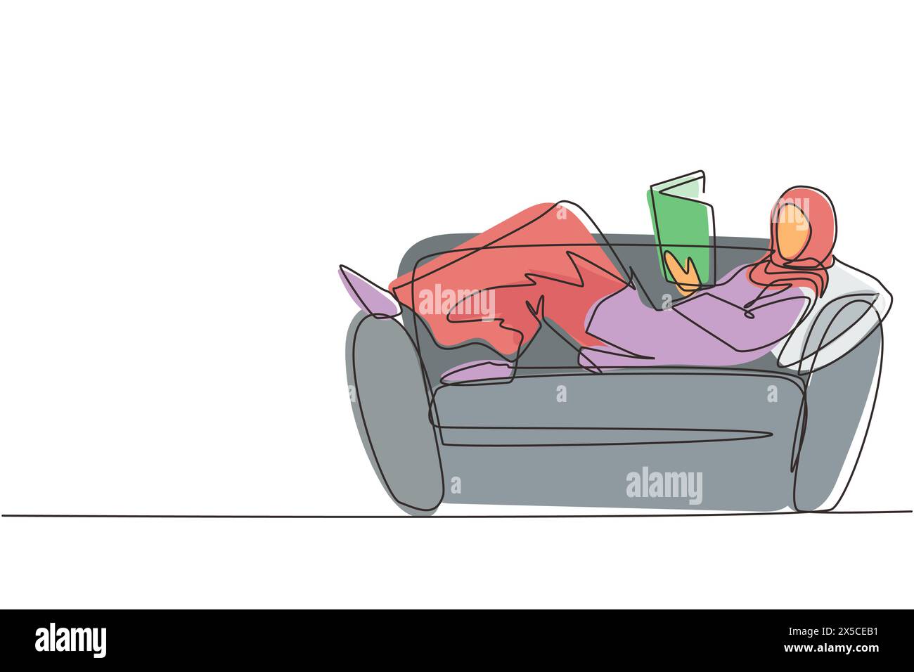 Single one line drawing young Arab woman laying on sofa, reading book at home. Female reading book. Self education, distance studying, relaxing concep Stock Vector