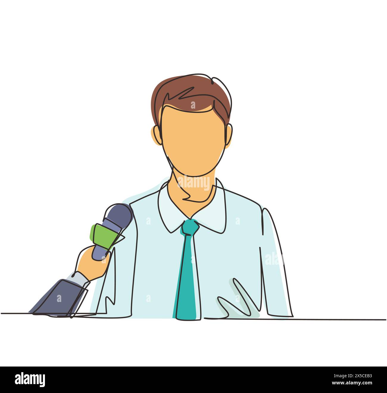 Single continuous line drawing businessman giving an interview in the presence of journalists with microphones. Man gives comments and opinions for br Stock Vector