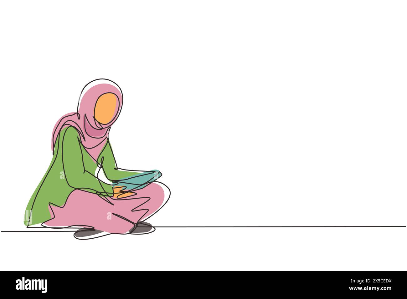 Continuous one line drawing cute Arabian lady sitting on floor, reading ...