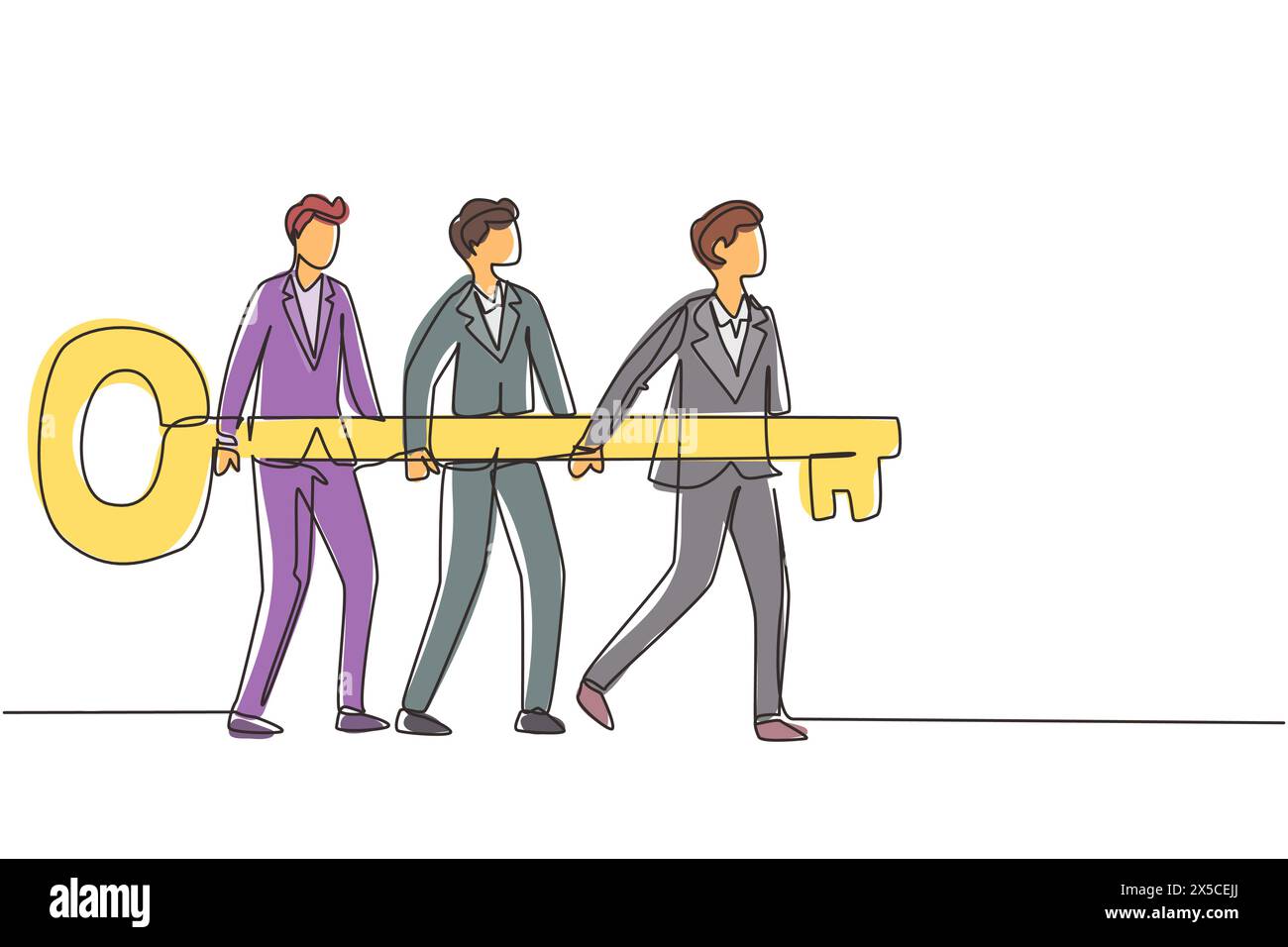 Single continuous line drawing problem solving team of business man with a key solution concept. Businessmen carry big golden key. Build creative peop Stock Vector