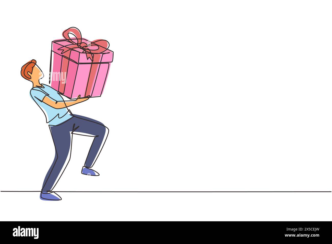 Single continuous line drawing young male carry big gift box. Man carrying a large gift box. Bonus or special offer. Present. Concept of celebration. Stock Vector