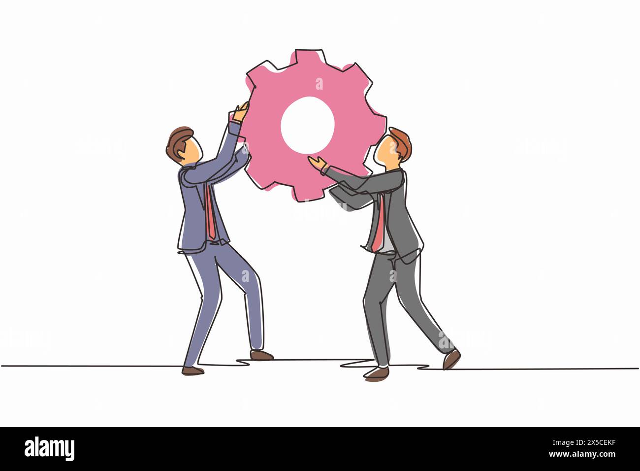 Continuous one line drawing two business men hold cogwheel work together ponder think strategy concept. Businessmen lifting gear. Collaboration. Singl Stock Vector