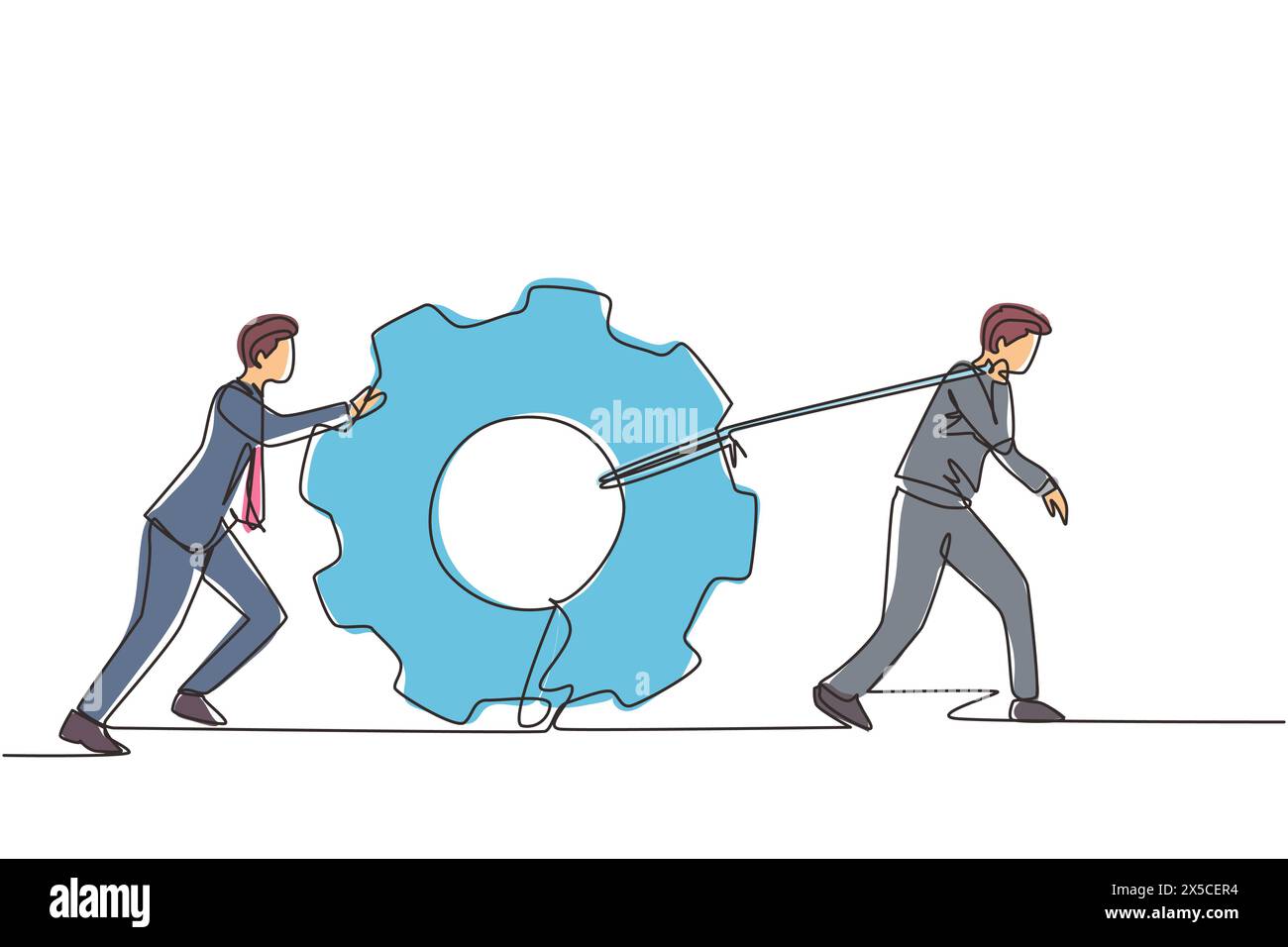 Single one line drawing business men pulling large gear on rope. Business leader help team pull cog, businessman push gear, business concept. Continuo Stock Vector