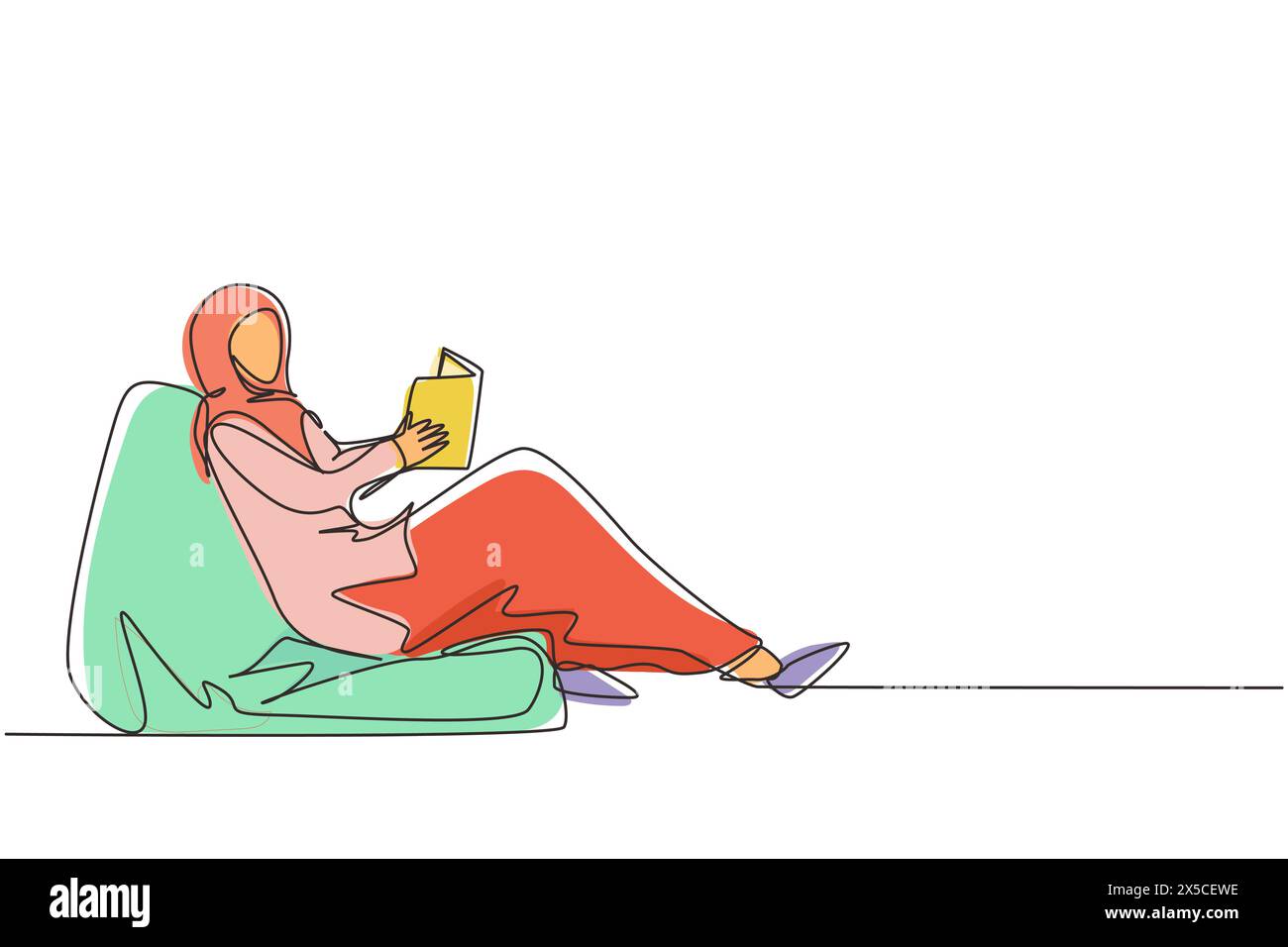 Continuous one line drawing Arab female on sofa in room reading book, having rest. Woman reads book on couch at cozy home. Girl sitting on sofa, readi Stock Vector