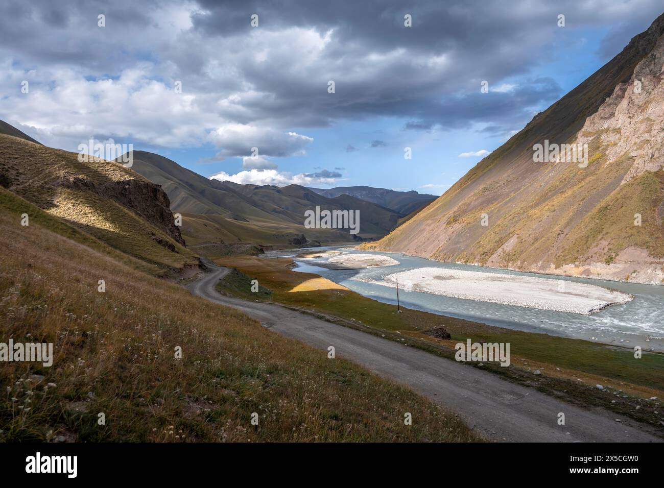 Road through a mountain valley, Tian Shan, Sky Mountains, Sary Jaz ...