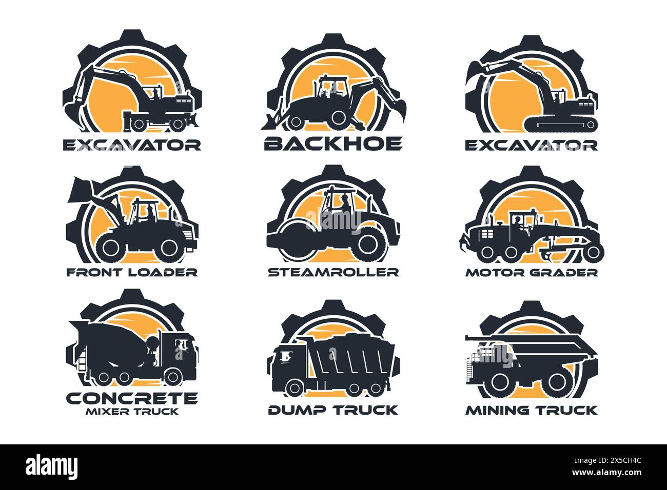 Heavy machinery label logo, excavator, backhoe, front loader, soil compactor, motor grader, concrete trucks, truck and mining truck Stock Vector