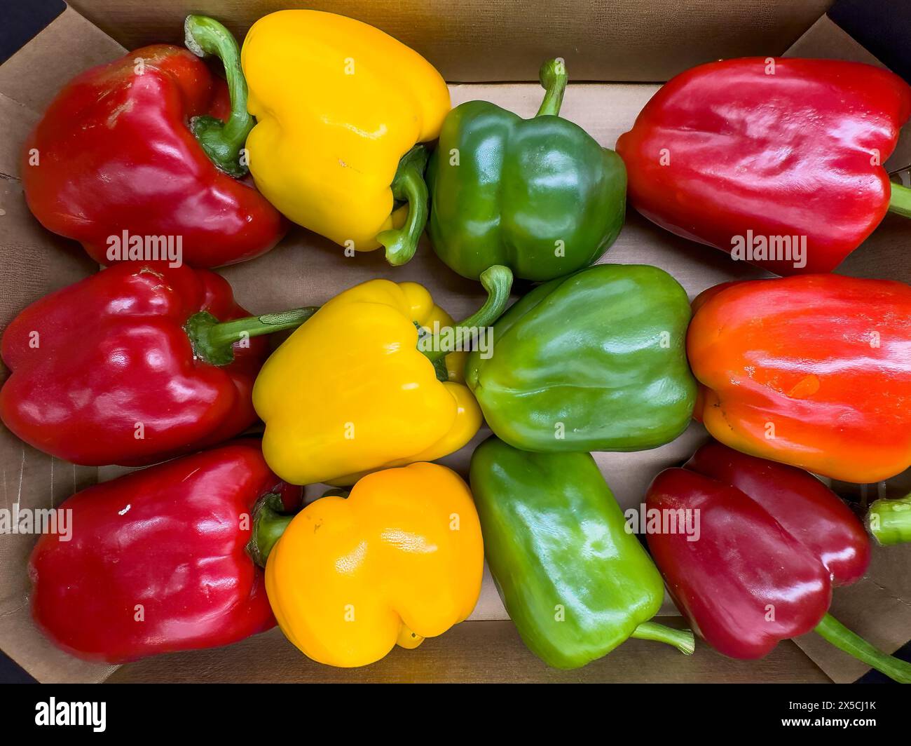 Vegetables red yellow green sweet pepper (Capsicum) Solanaceae in loose pieces Display by retail wholesale greengrocer supermarket environmentally Stock Photo
