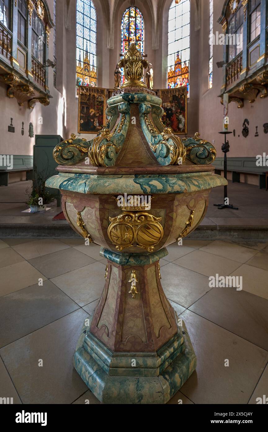 Baptismal font in the town church of St Maria, Hersbruck, Middle Franconia, Bavaria, Germany Stock Photo