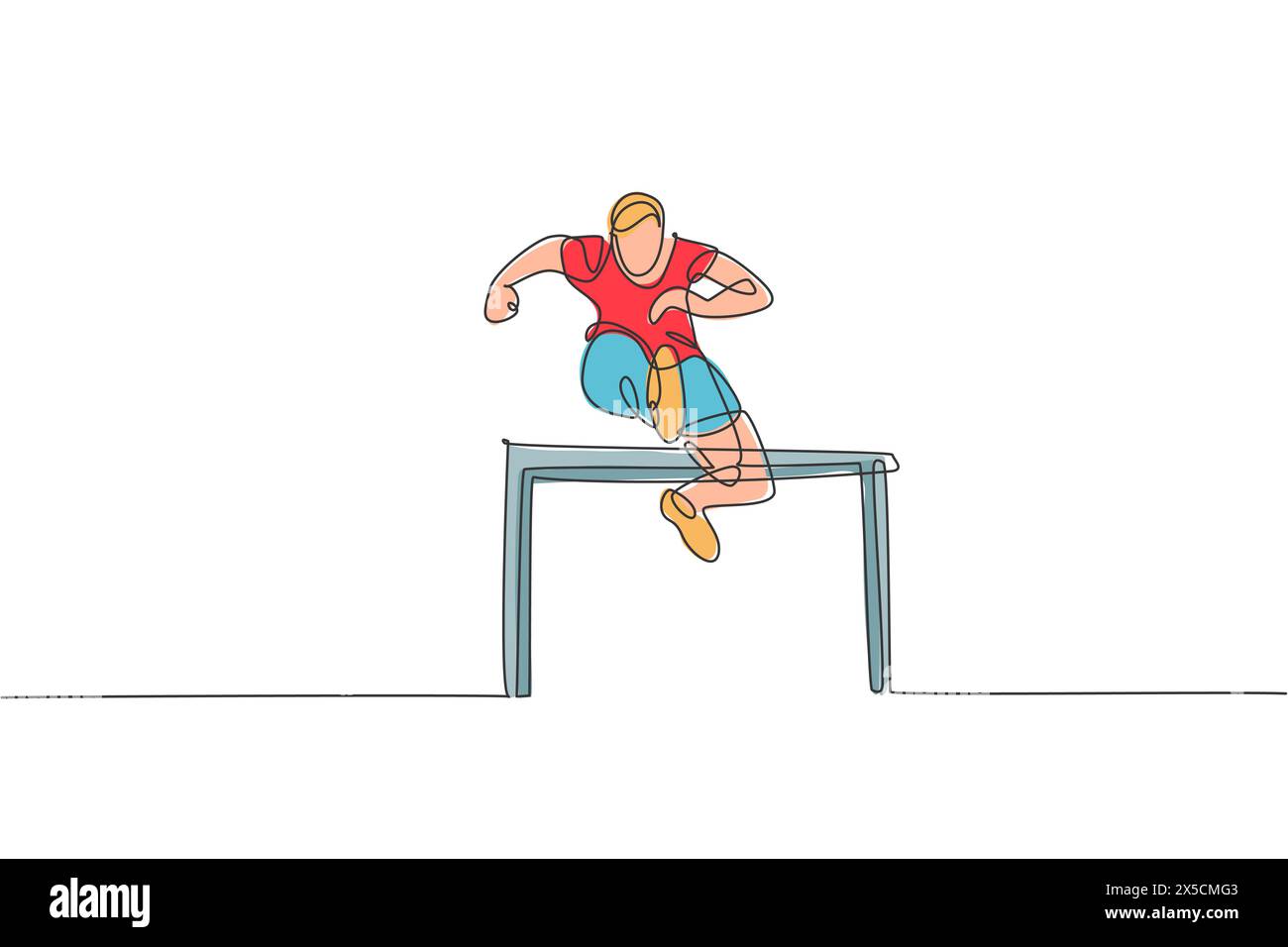 One continuous line drawing of young sporty man runner jumping obstacle at running track. Health activity sport concept. Dynamic single line draw desi Stock Vector