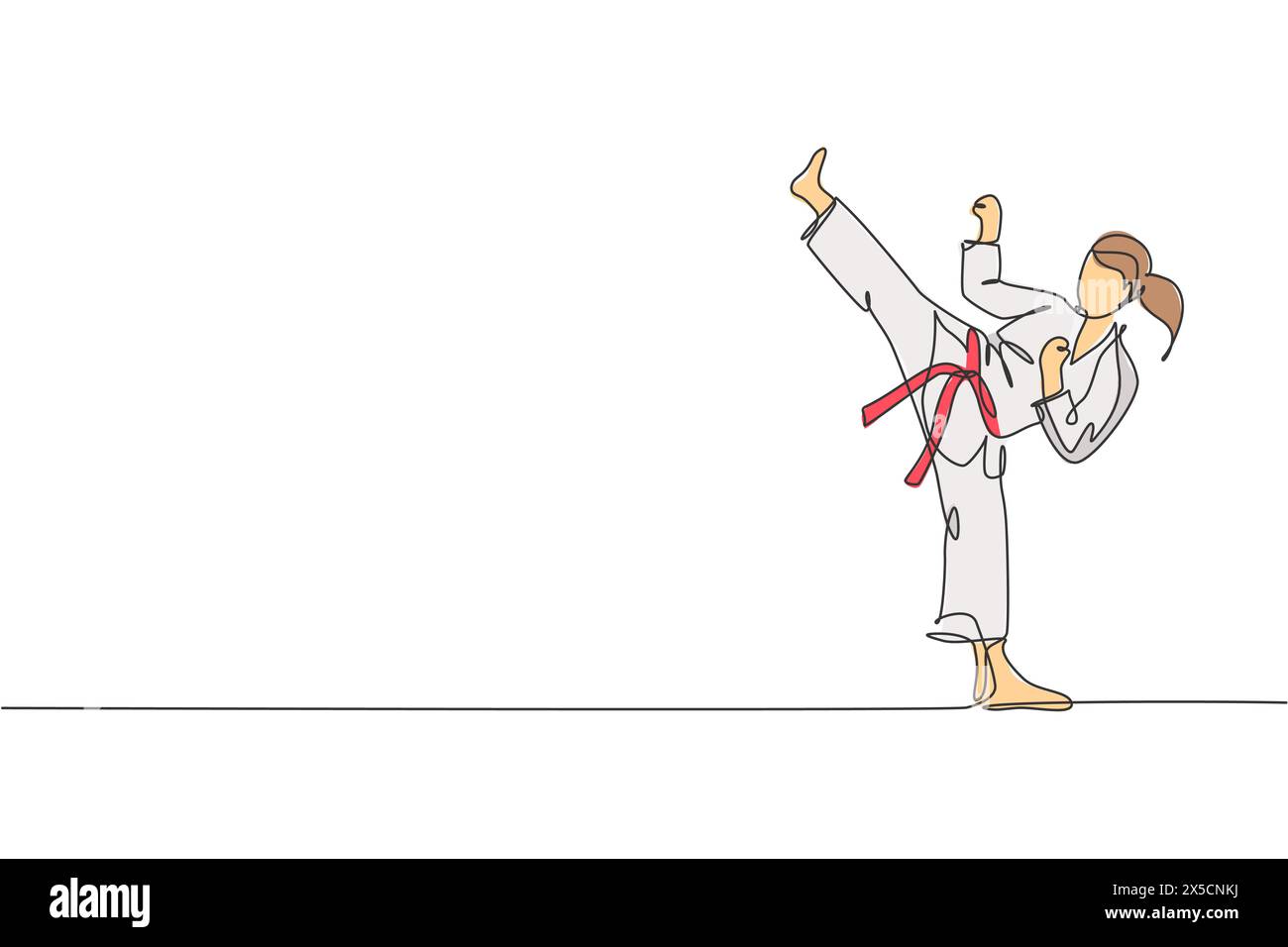 Single continuous line drawing of young confident karateka girl in kimono practicing karate combat at dojo. Martial art sport training concept. Trendy Stock Vector