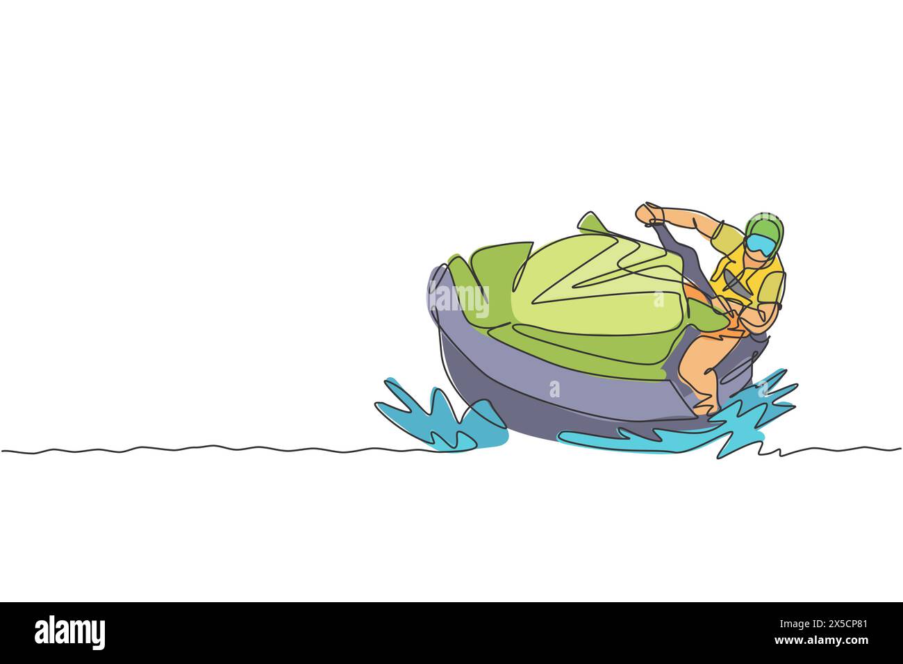 One continuous line drawing of young energetic man fun play jet skiing in the sea ocean. Healthy lifestyle sport concept. Happy tourist vacation. Dyna Stock Vector