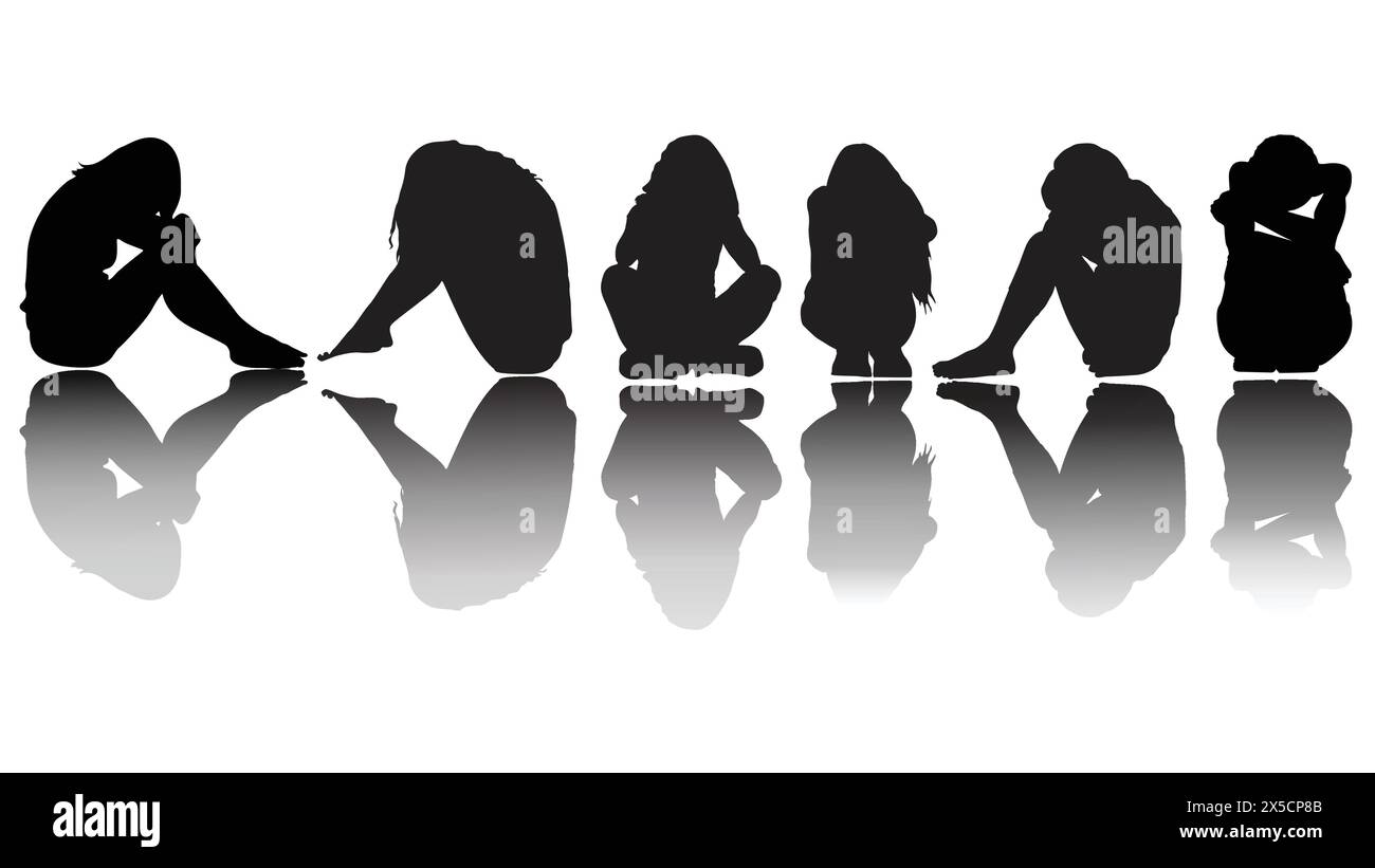 Set of Girls crouching in Depression and sitting alone silhouettes on white background. Vector illustration .Sad and Crying, face in sitting . Stock Vector
