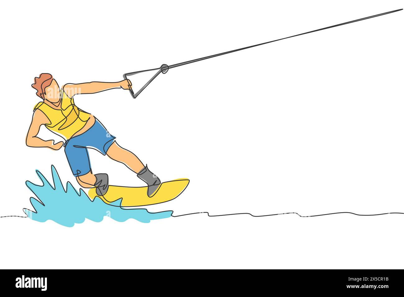 Single continuous line drawing of young sporty surfer man playing