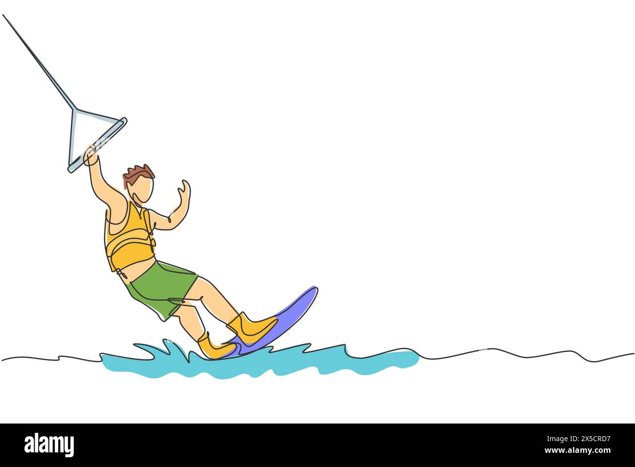 Single continuous line drawing of young sporty surfer man play wakeboarding in the sea. Extreme dangerous sea sport concept. Summer holiday vacation. Stock Vector