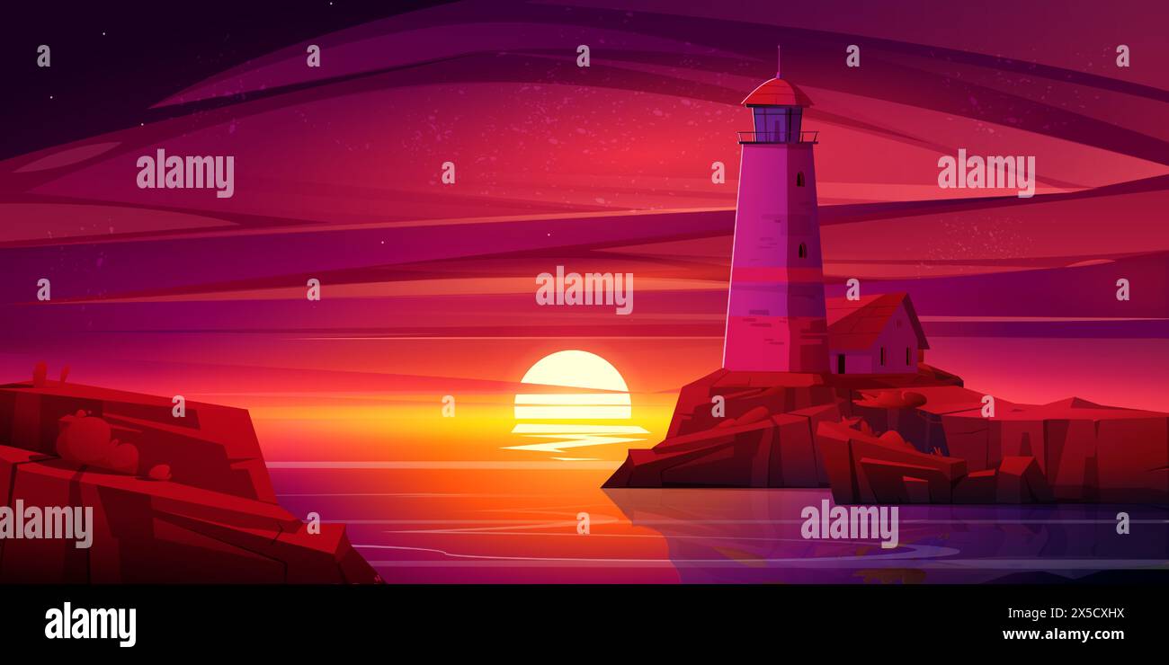 Old lighthouse against sunset background. Vector cartoon illustration ...