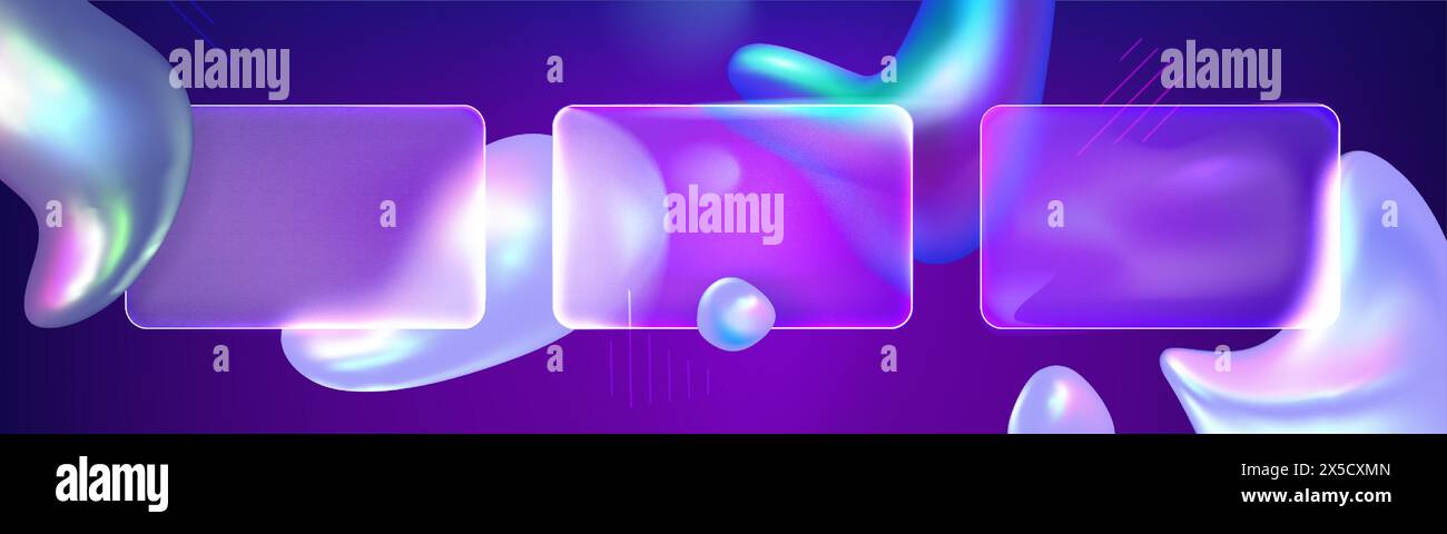 Glass morphism background with abstract fluid holographic shapes and transparent blur rectangular banners on purple bg. Realistic 3d vector illustration of frosted geometric frames template. Stock Vector