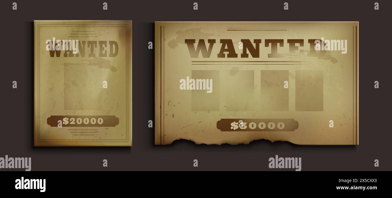 Old western wanted paper poster for reward vector template. Criminal cowboy frame for saloon from sheriff. Grunge distressed parchment with blank photo for bounty notice and search gangster mockup Stock Vector
