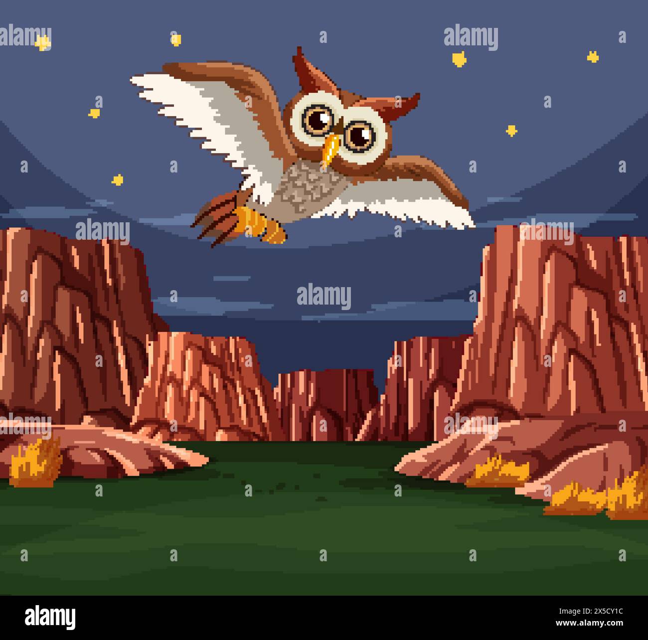 Illustration of an owl flying in a canyon at night Stock Vector Image ...