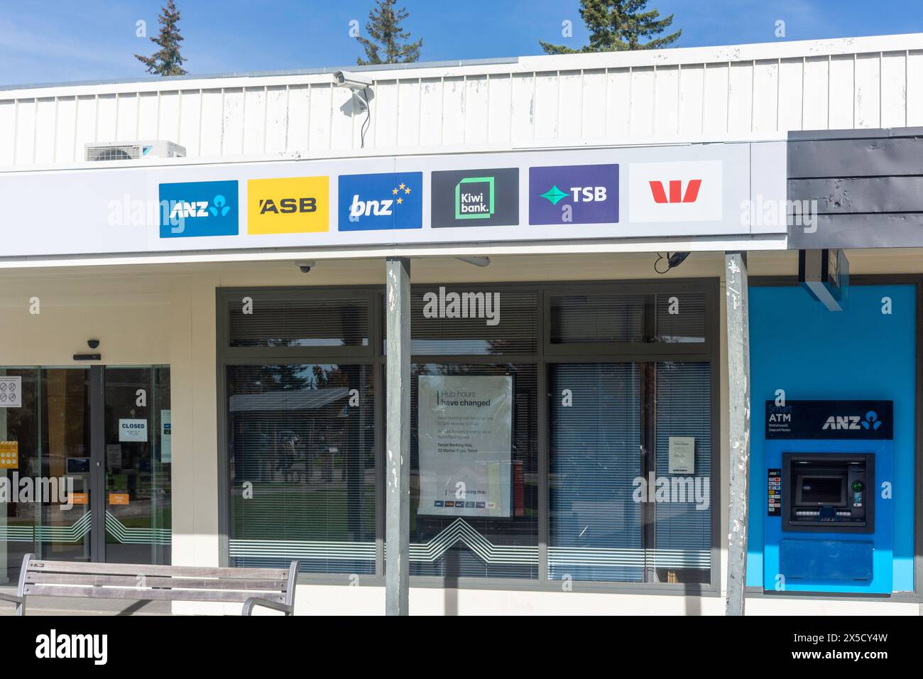 Banking hub (multi retail banks), Market Place, Twizel, Mackenzie District, Canterbury, South Island, New Zealand Stock Photo