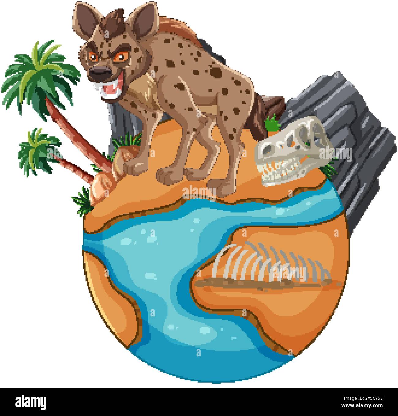 Illustration of hyena atop a globe with natural elements Stock Vector