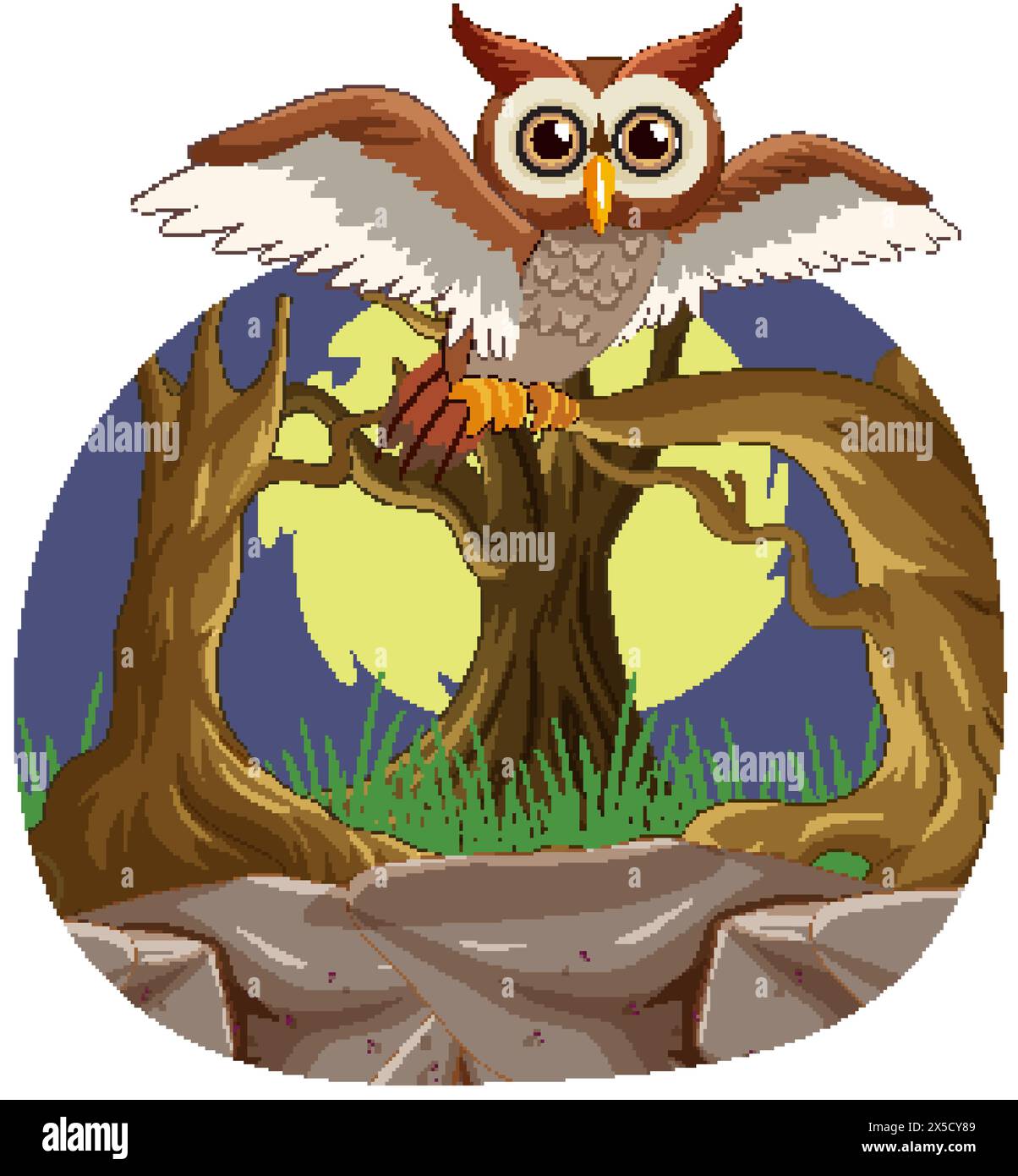 Illustration of an owl on a tree branch at night Stock Vector Image ...