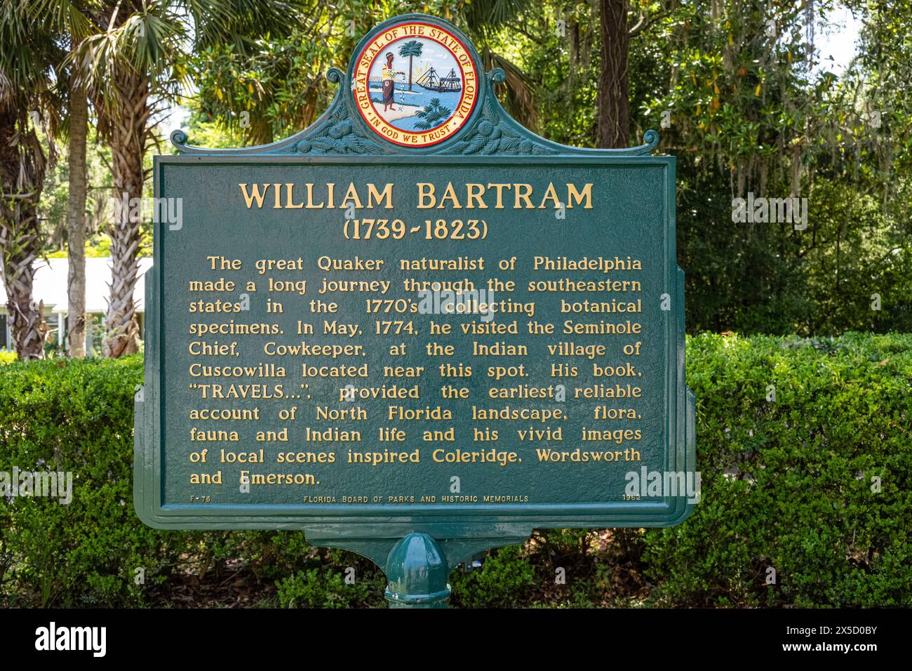 William Bartram Trail Marker in historic downtown Micanopy, Florida. (USA) Stock Photo