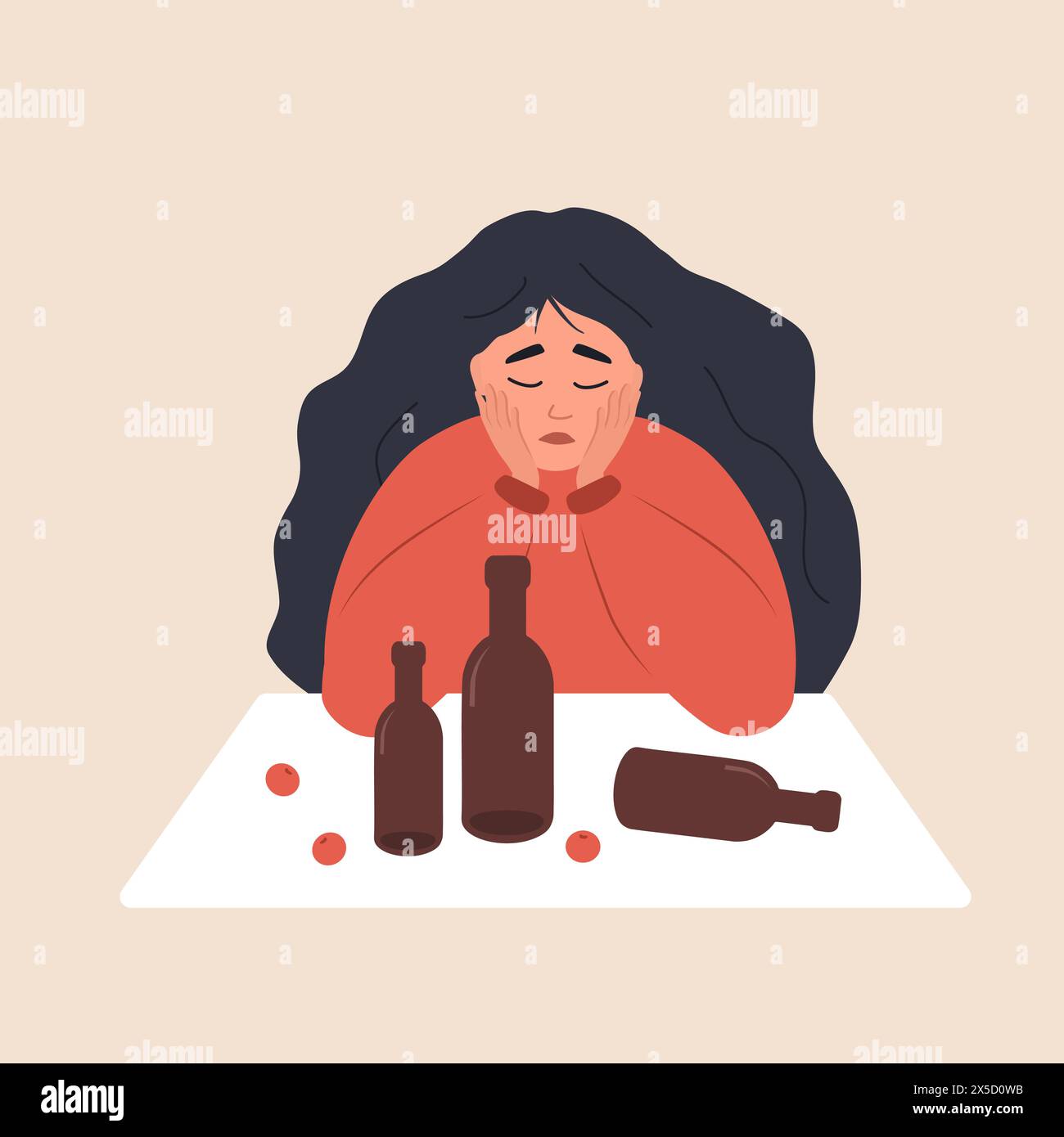 Alcohol abuse. Booze concept. Sad girl sitting at table and drinking wine. Social issue, Alcohol Addiction. Dangerous Habit. Vector illustration in Stock Vector