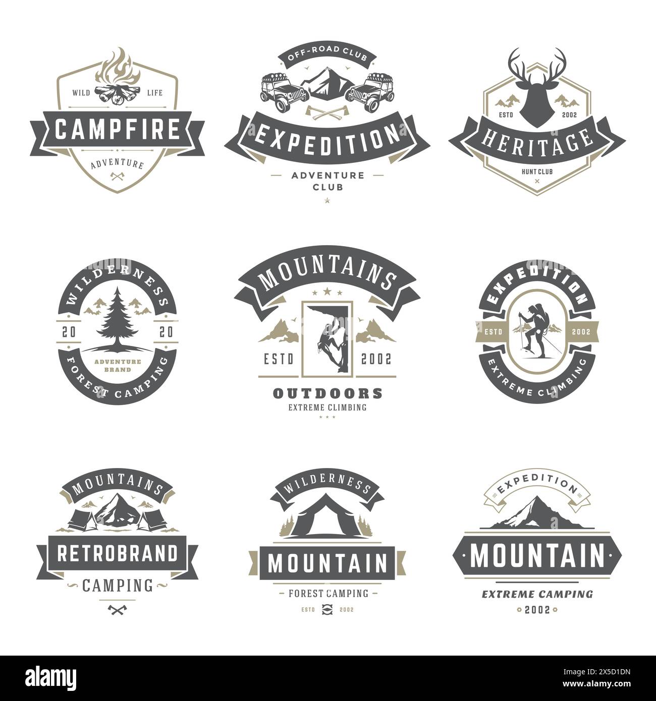 Camping logos templates vector design elements and silhouettes set ...