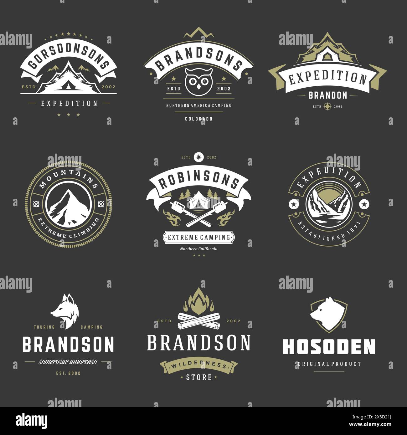 Camping logos templates vector design elements and silhouettes set ...