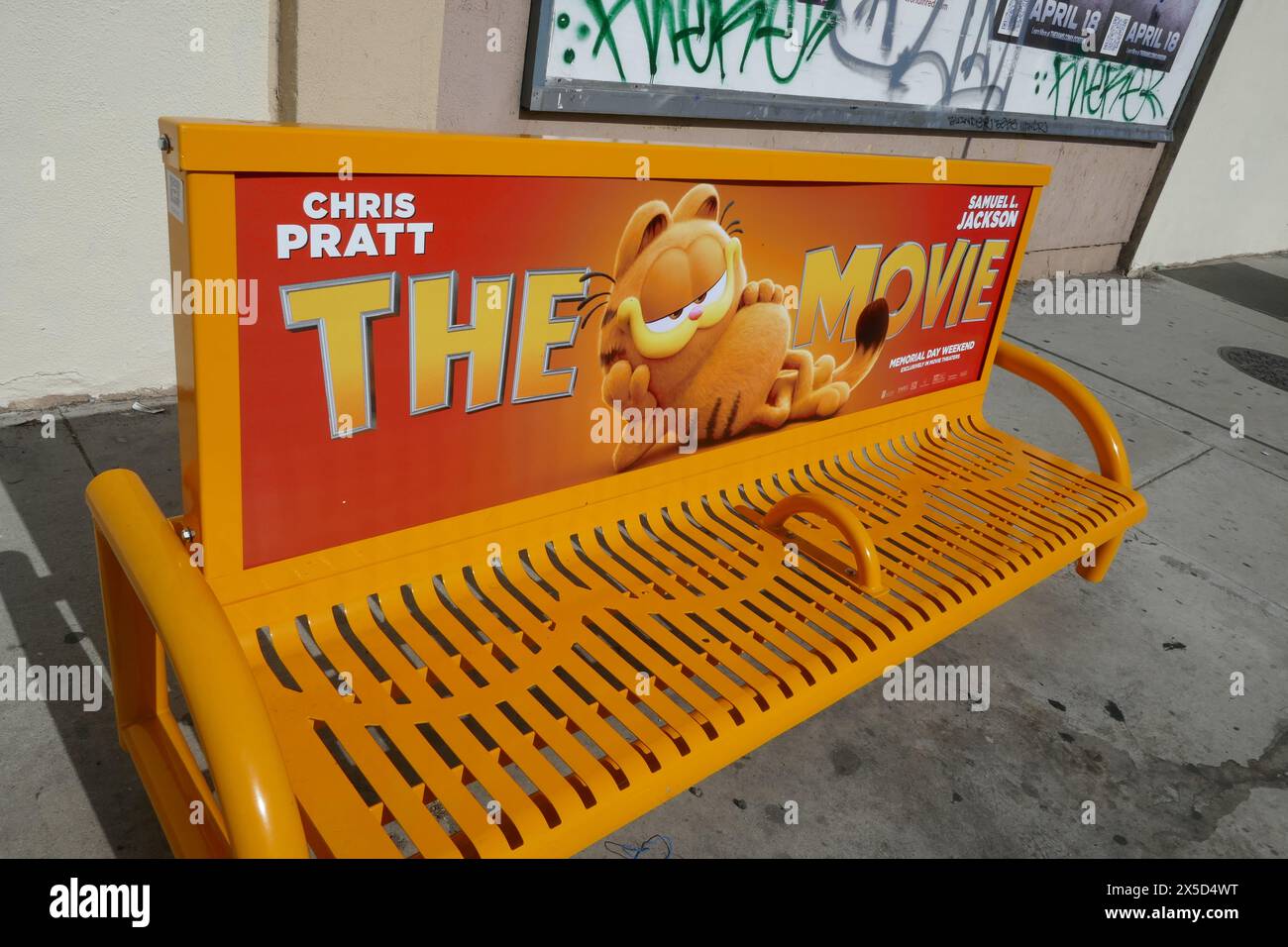 Los Angeles, California, USA 8th May 2024 The Garfield Movie Bus Stop Bench on May 8, 2024 in Los Angeles, California, USA. Photo by Barry King/Alamy Stock Photo Stock Photo