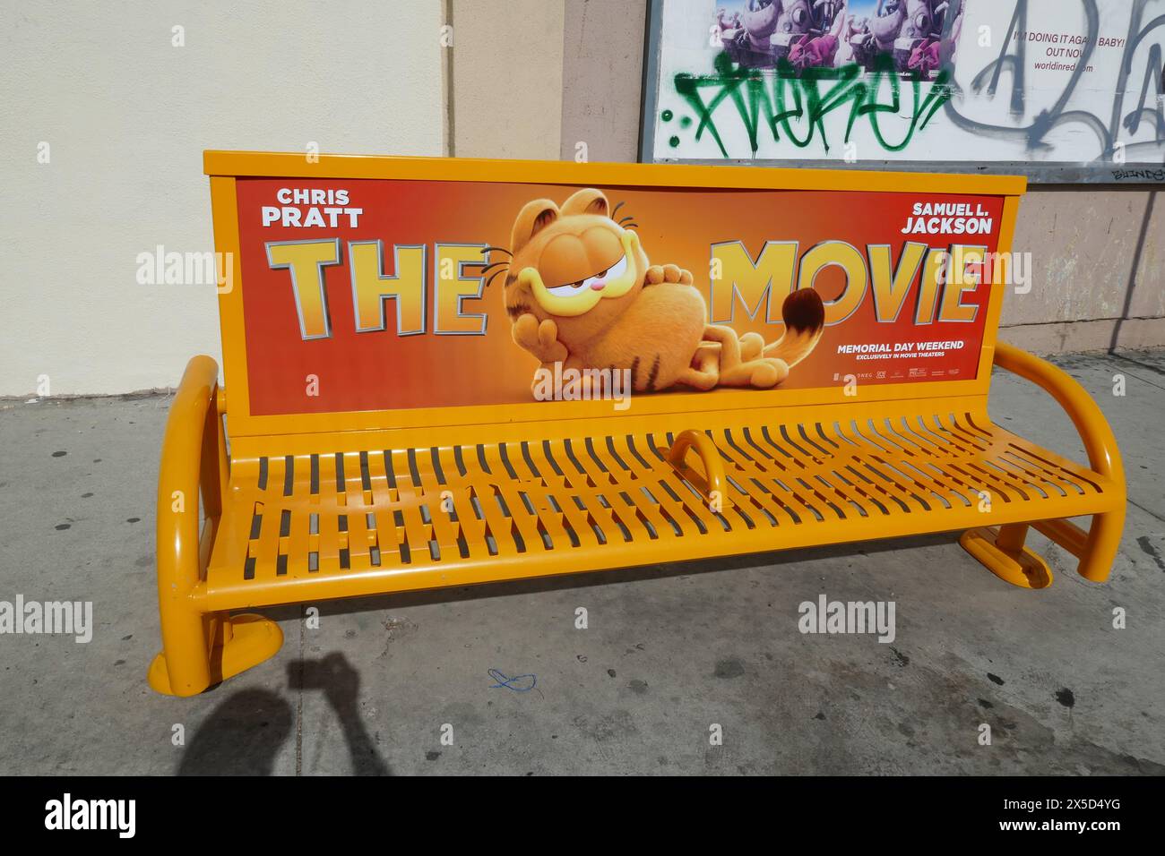 Los Angeles, California, USA 8th May 2024 The Garfield Movie Bus Stop Bench on May 8, 2024 in Los Angeles, California, USA. Photo by Barry King/Alamy Stock Photo Stock Photo