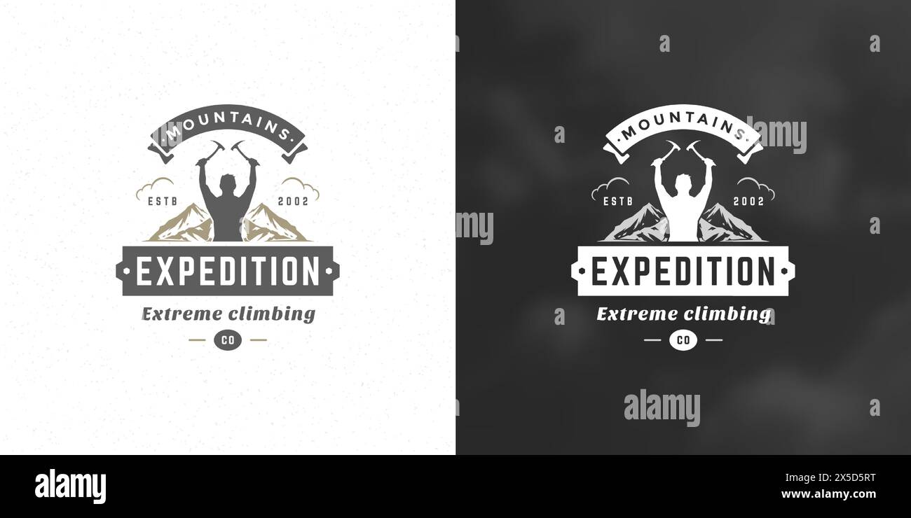 Climber logo emblem outdoor adventure expedition vector illustration mountaineer man silhouette for shirt or print stamp. Vintage typography badge des Stock Vector