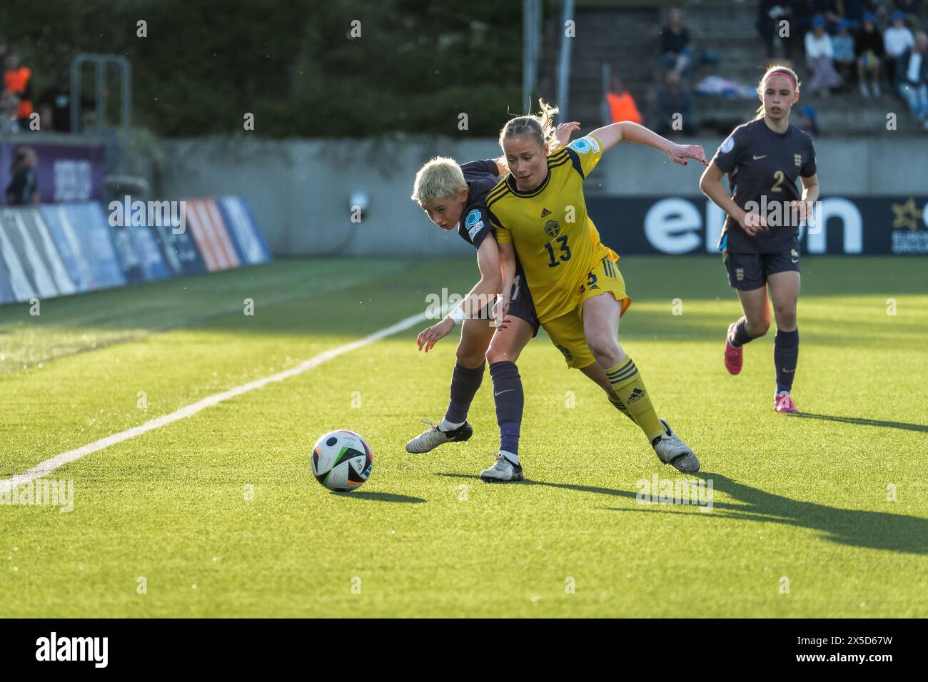 Lund, Sweden. 08th May, 2024. Ella Lundin (13) of Sweden and Lola Brown (11) of England seen during the UEFA Women's Under-17 EURO Championship match between Sweden and England at Klostergaardens Idrottsplats in Lund. (Photo Credit: Gonzales Photo/Alamy Live News Stock Photo