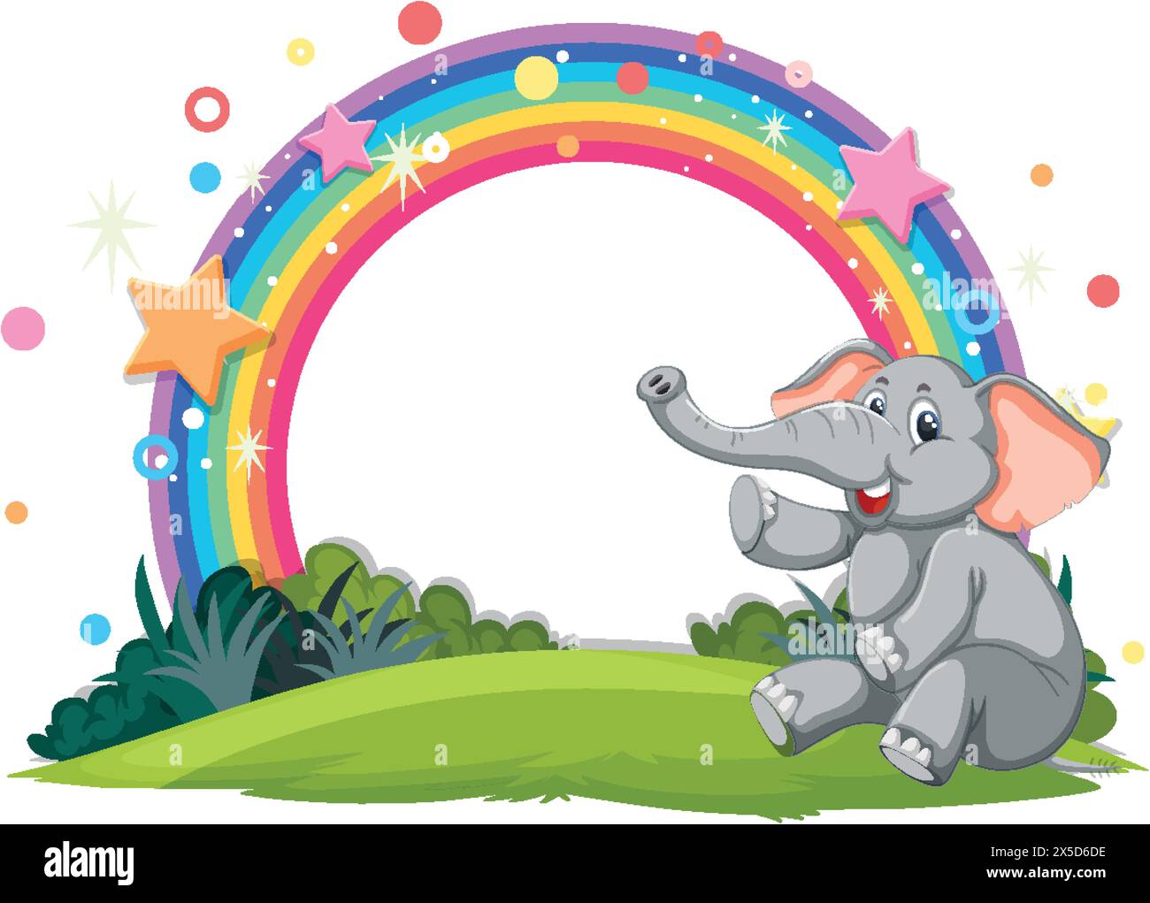 Cartoon elephant sitting under a vibrant rainbow Stock Vector